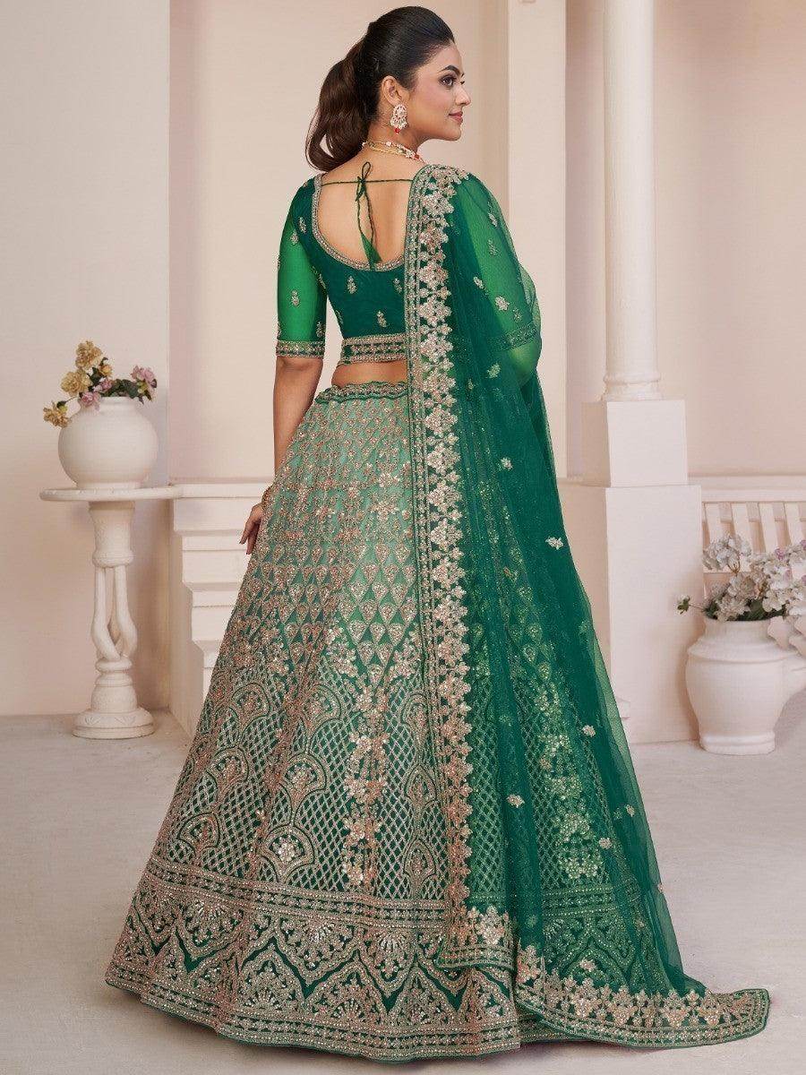 Fetching Green Sequins Net Bridal Wear Lehenga Choli With Dupatta - Zeel Clothing
