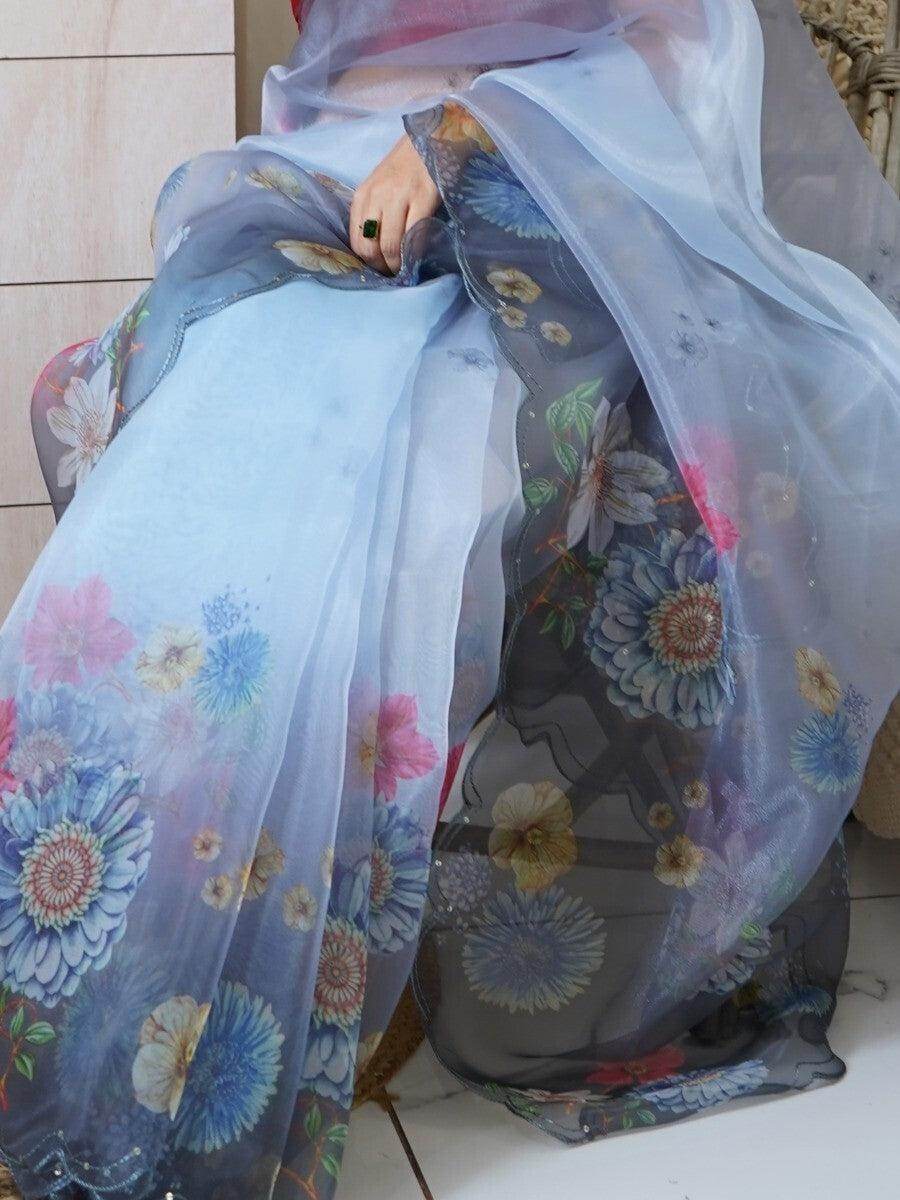 Fetching Grey Floral Printed Organza Party Wear Saree With Blouse - Zeel Clothing