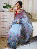 Fetching Grey Floral Printed Organza Party Wear Saree With Blouse - Zeel Clothing