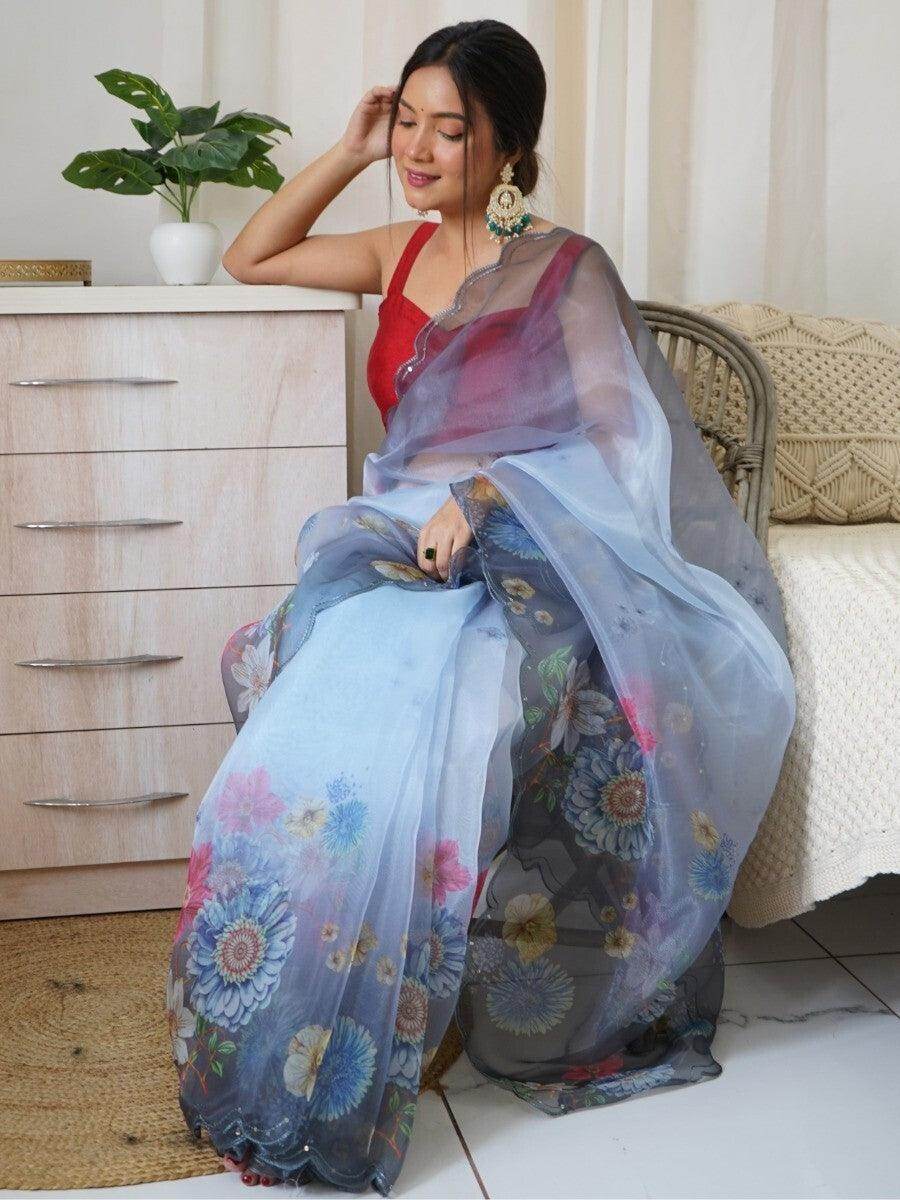 Fetching Grey Floral Printed Organza Party Wear Saree With Blouse - Zeel Clothing