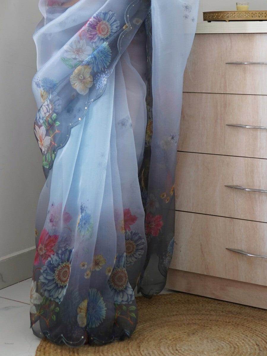 Fetching Grey Floral Printed Organza Party Wear Saree With Blouse - Zeel Clothing