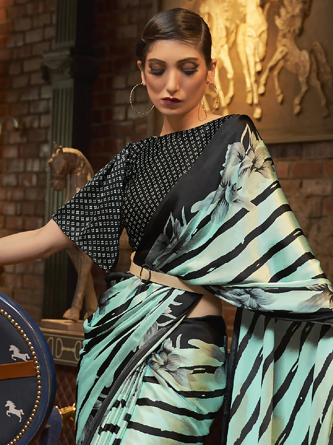 Fetching Mint Green Printed Satin Party Wear Saree With Blouse - Zeel Clothing