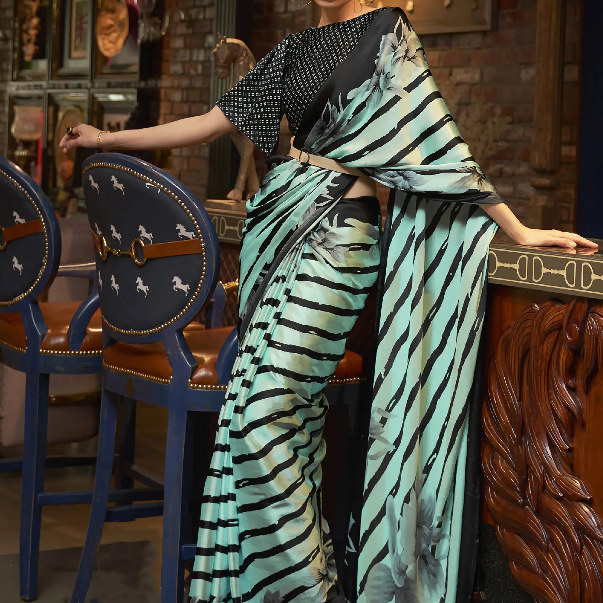 Fetching Mint Green Printed Satin Party Wear Saree With Blouse - Zeel Clothing