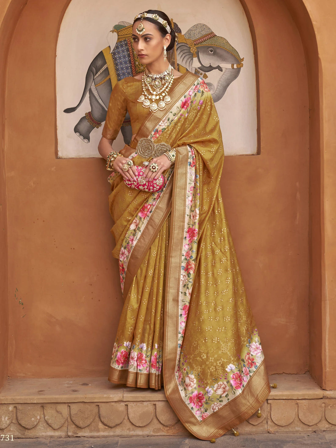 Fetching Mustard Yellow Floral Printed Silk Saree With Blouse - Zeel Clothing