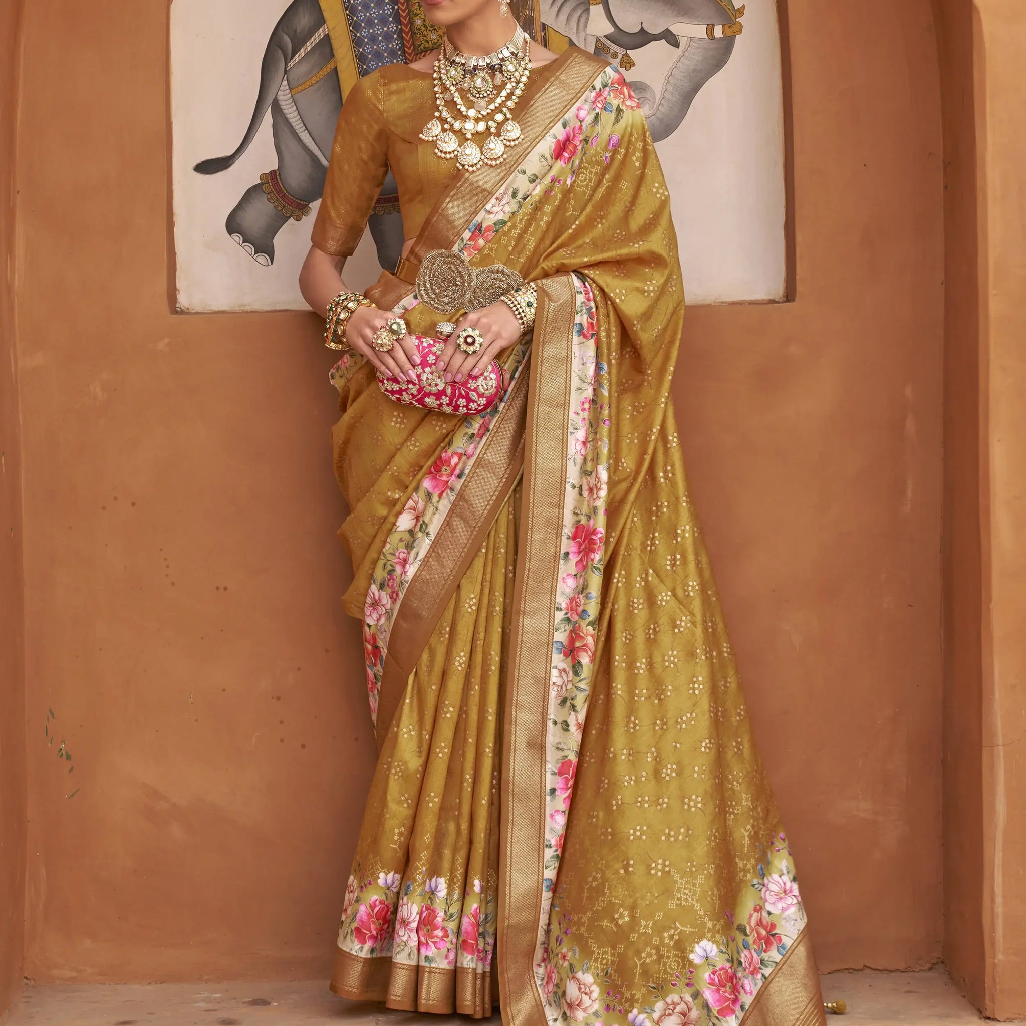 Fetching Mustard Yellow Floral Printed Silk Saree With Blouse - Zeel Clothing