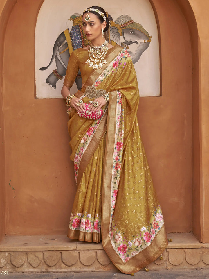 Fetching Mustard Yellow Floral Printed Silk Saree With Blouse - Zeel Clothing