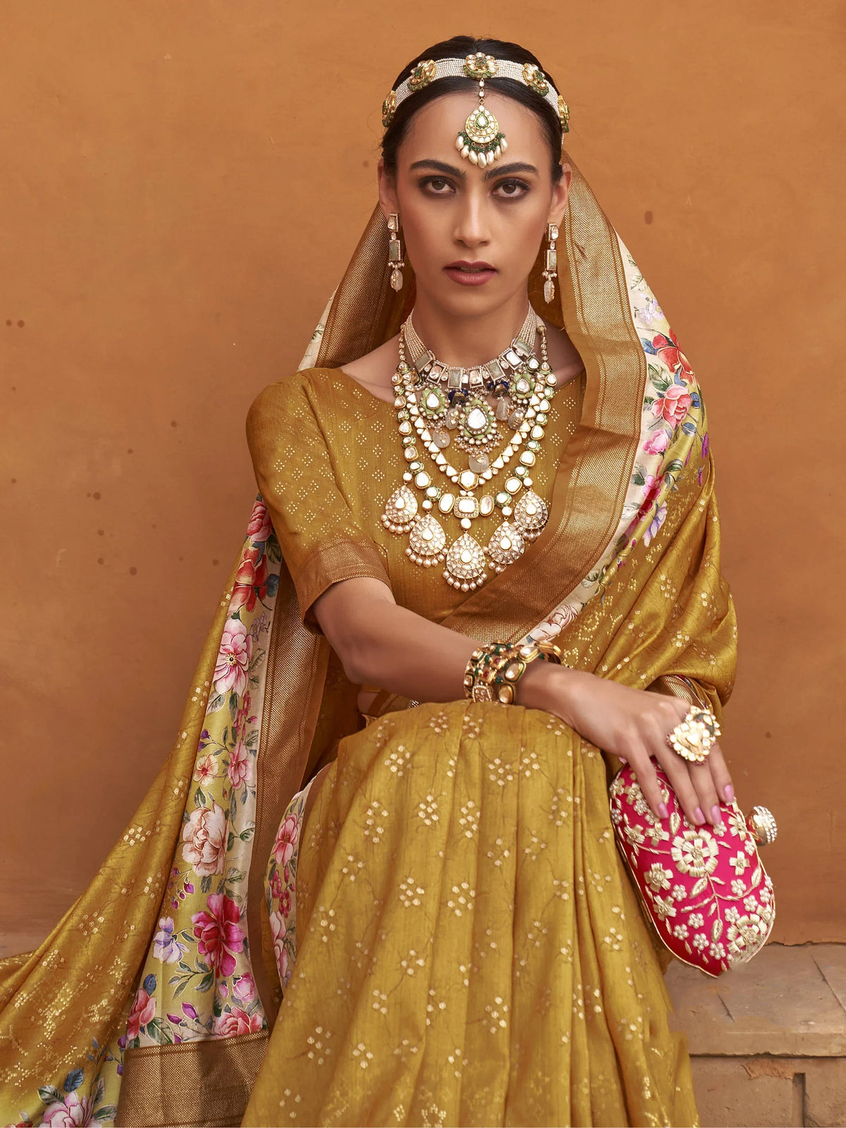 Fetching Mustard Yellow Floral Printed Silk Saree With Blouse - Zeel Clothing