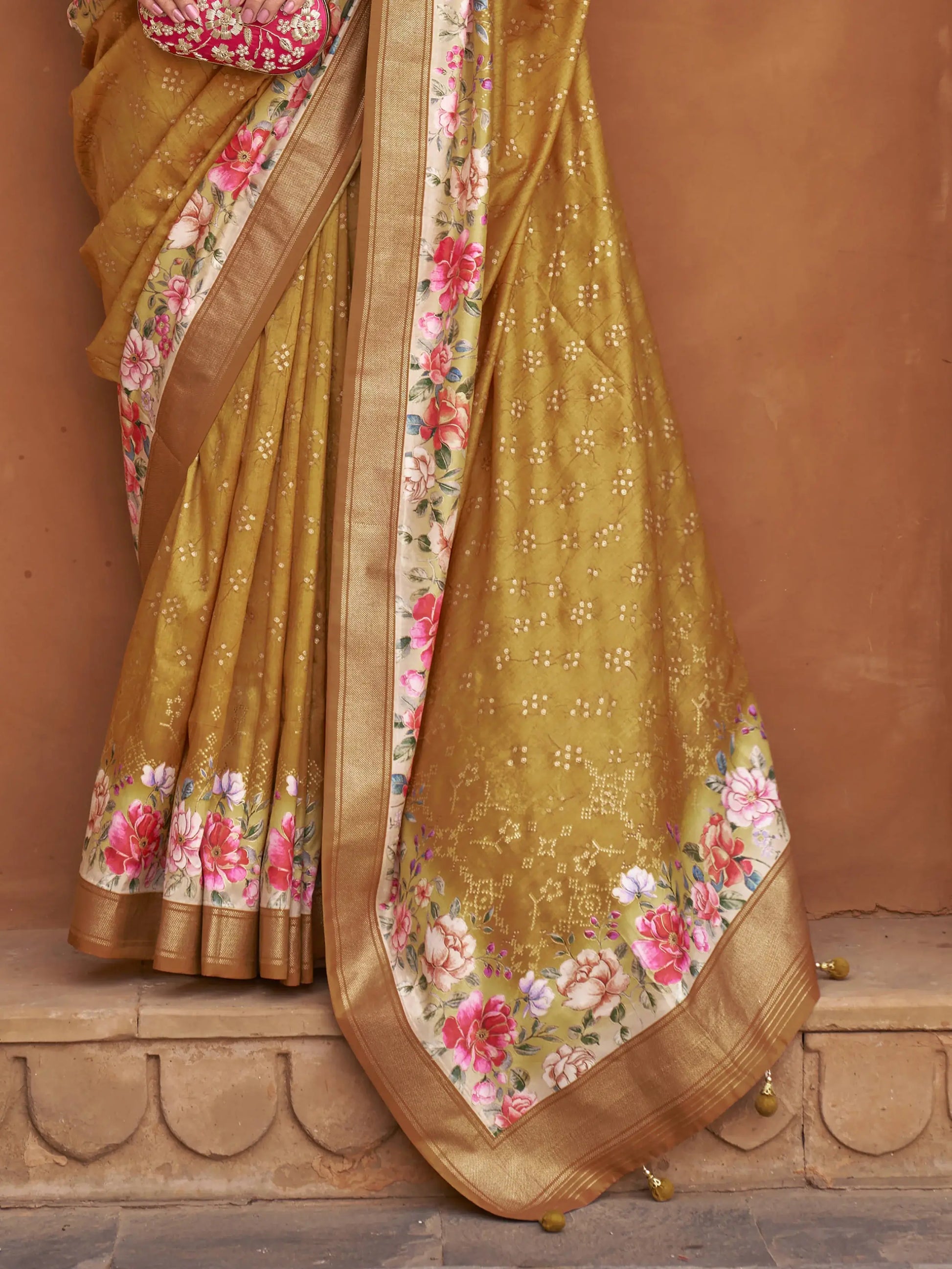 Fetching Mustard Yellow Floral Printed Silk Saree With Blouse - Zeel Clothing
