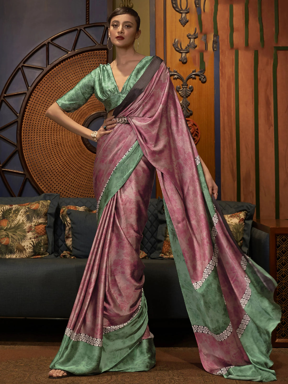 Fetching Pink Printed Satin Festival Wear Saree With Blouse - Zeel Clothing