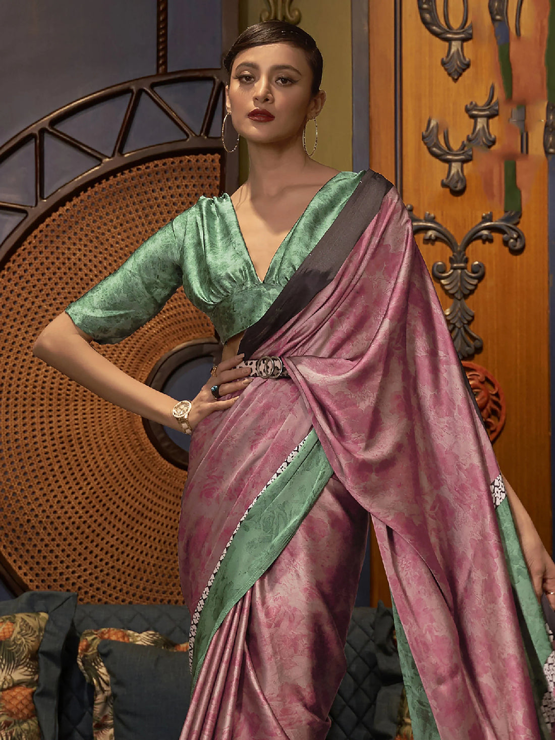 Fetching Pink Printed Satin Festival Wear Saree With Blouse - Zeel Clothing