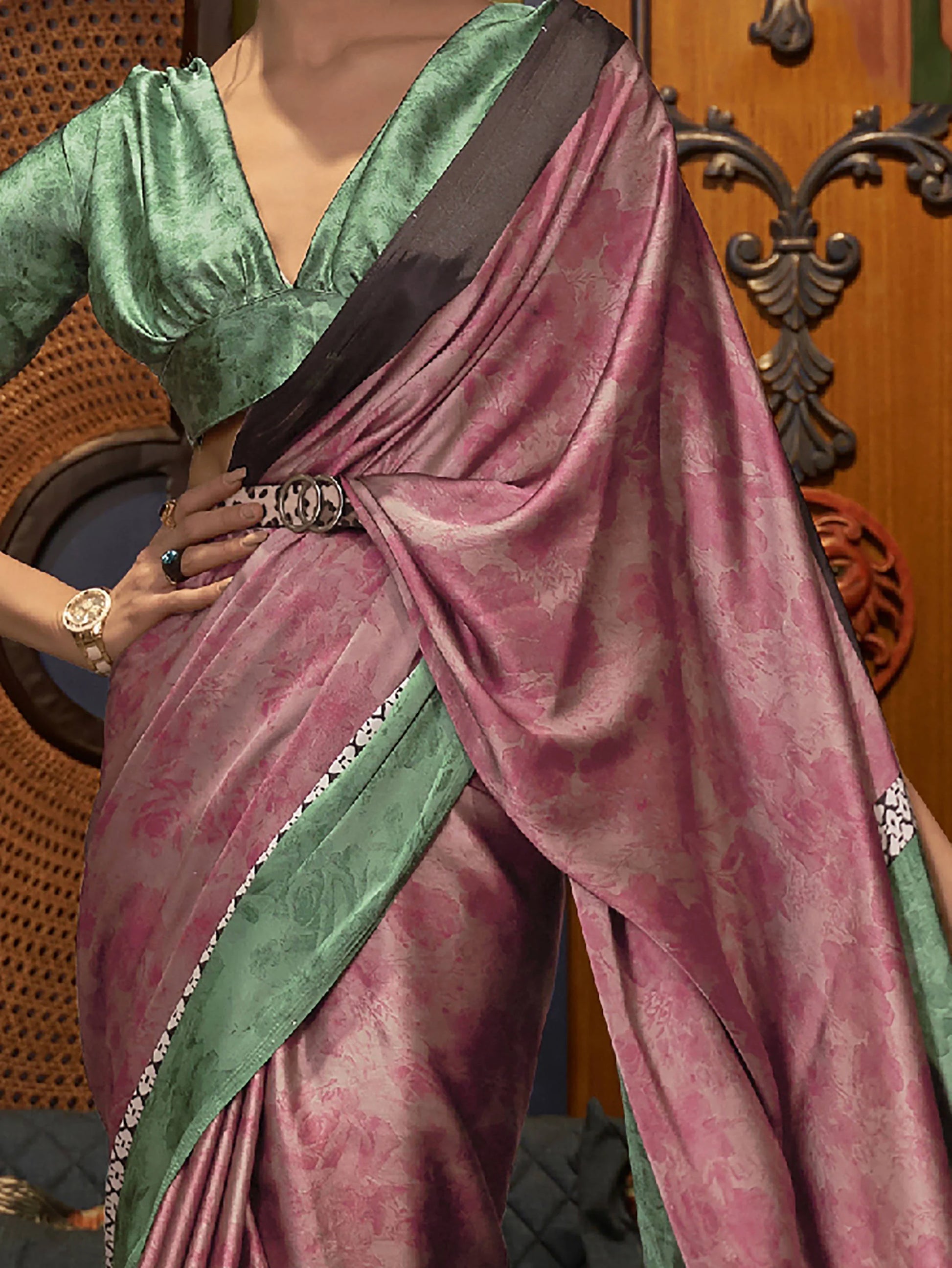 Fetching Pink Printed Satin Festival Wear Saree With Blouse - Zeel Clothing