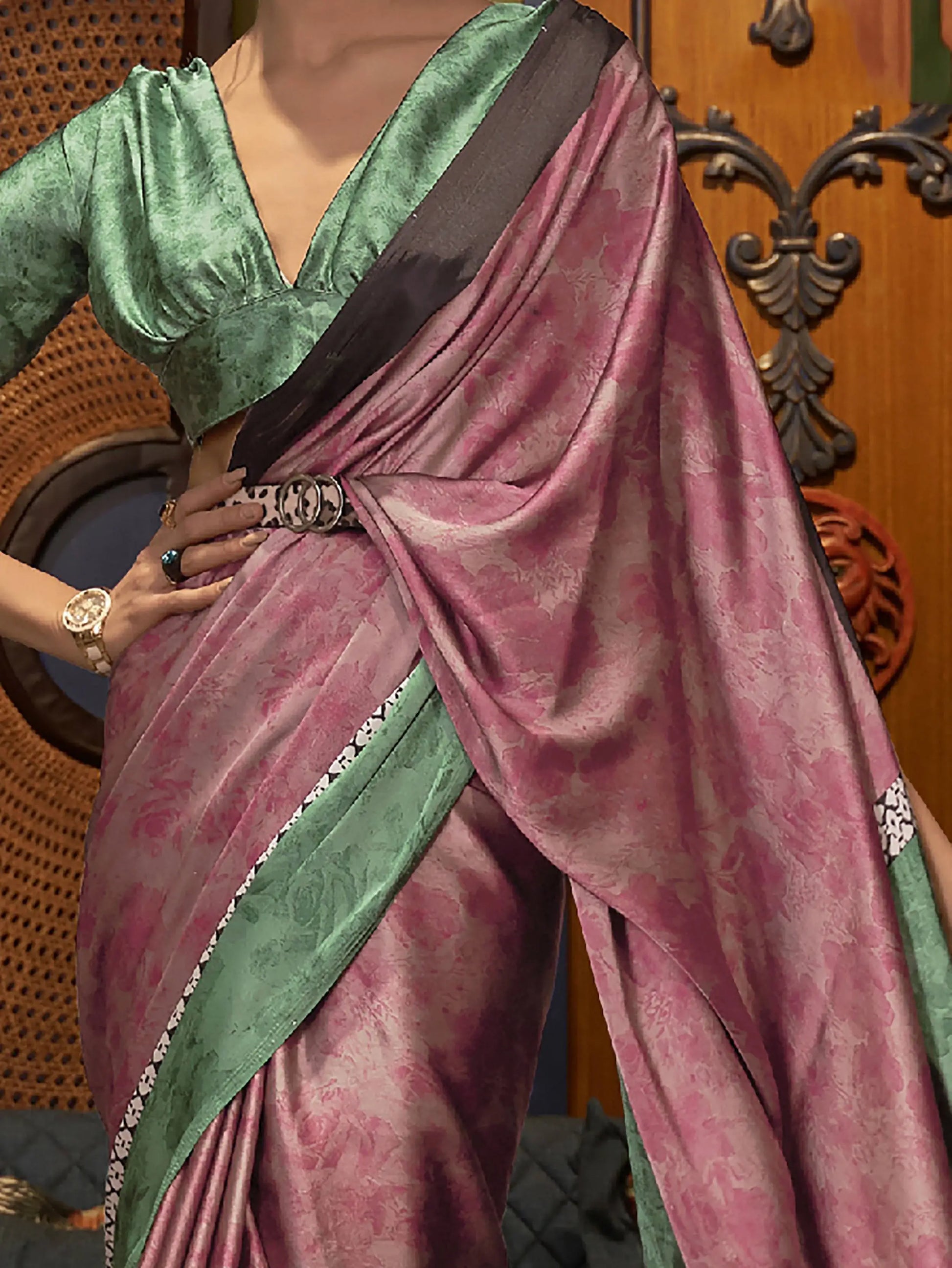 Fetching Pink Printed Satin Festival Wear Saree With Blouse - Zeel Clothing