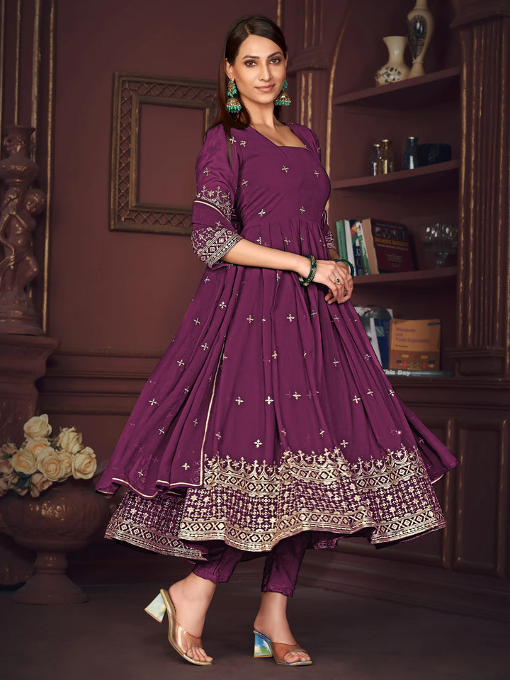 Fetching Purple Embroidered Georgette Party Wear Anarkali Suit - Zeel Clothing