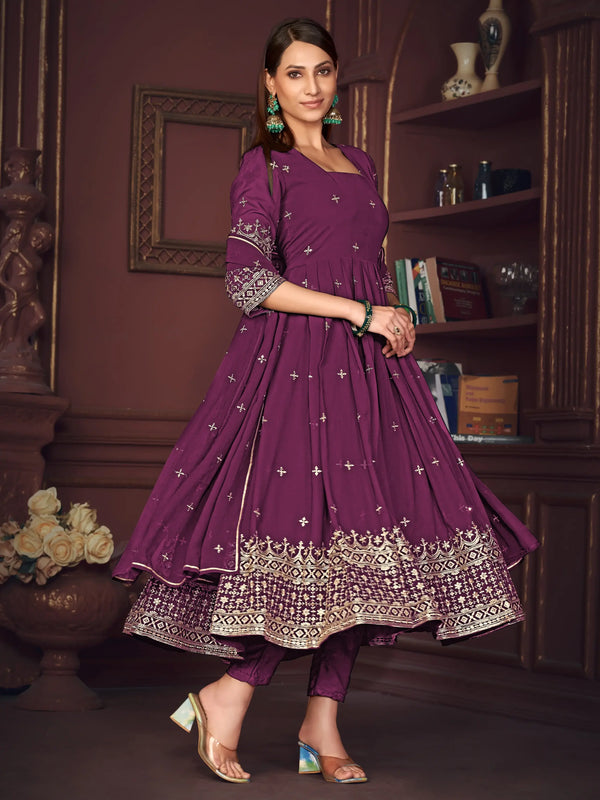 Fetching Purple Embroidered Georgette Party Wear Anarkali Suit - Zeel Clothing