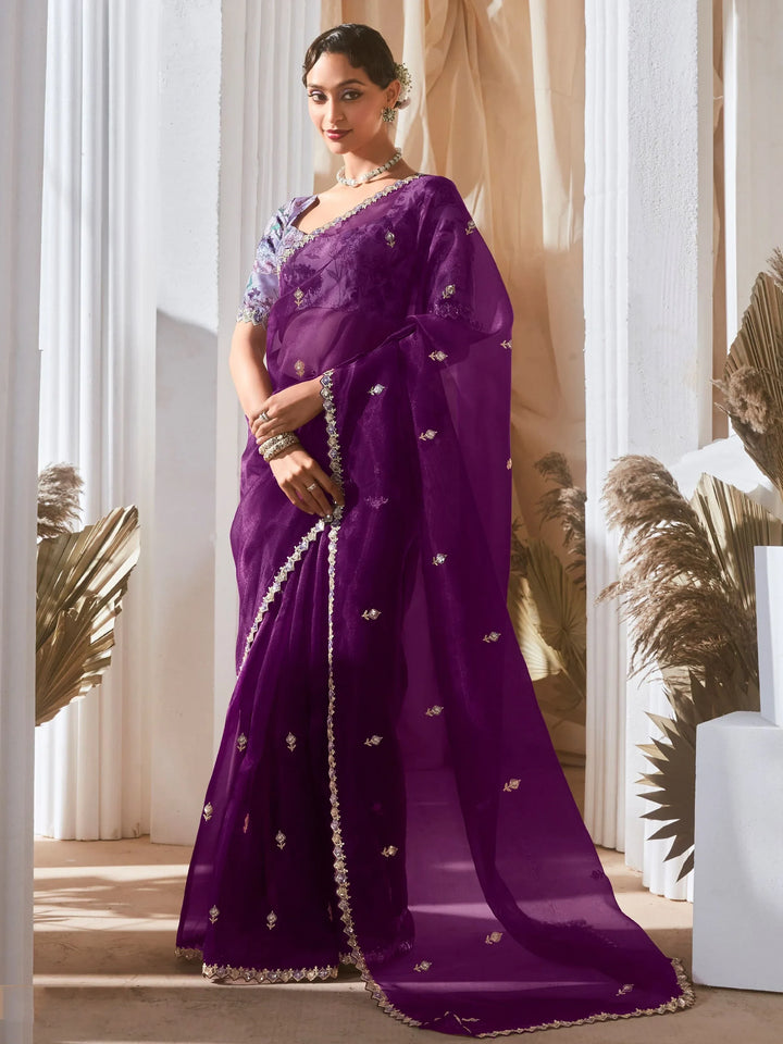 Fetching Purple Thread Work Organza Wedding Wear Saree With Blouse