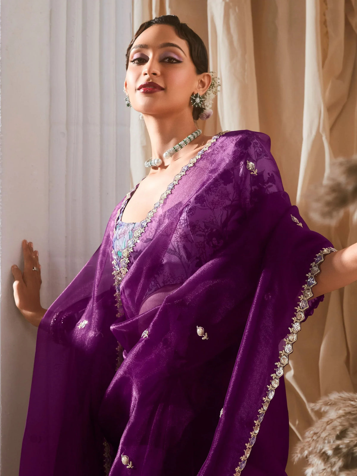 Fetching Purple Thread Work Organza Wedding Wear Saree With Blouse