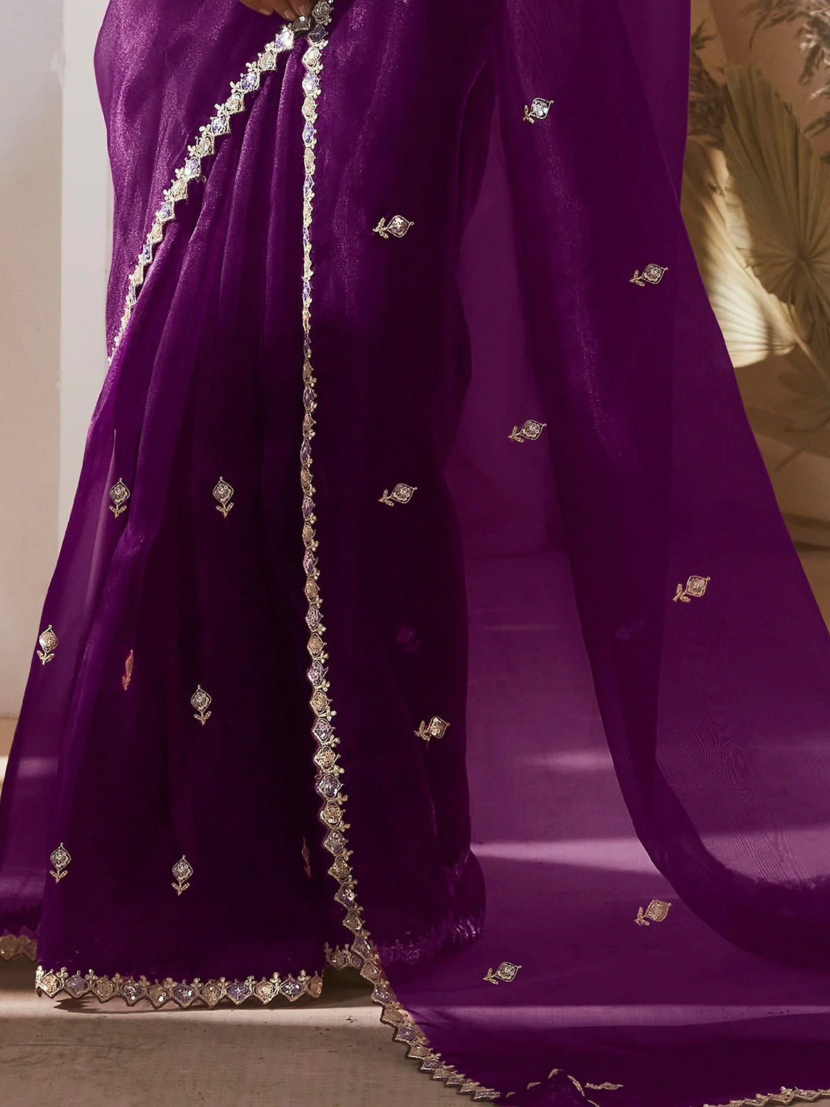 Fetching Purple Thread Work Organza Wedding Wear Saree With Blouse