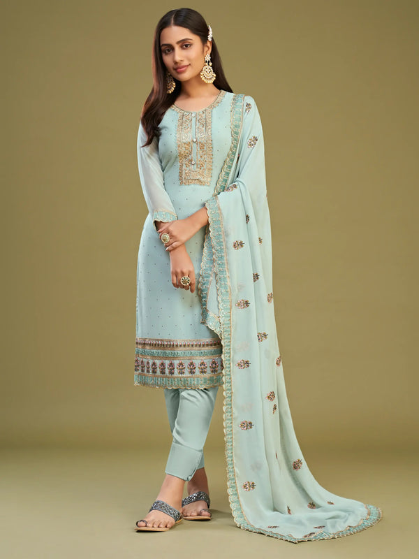 Fetching Sky-Blue Multi-Thread Work Georgette Festive Wear Salwar Kameez - Zeel Clothing