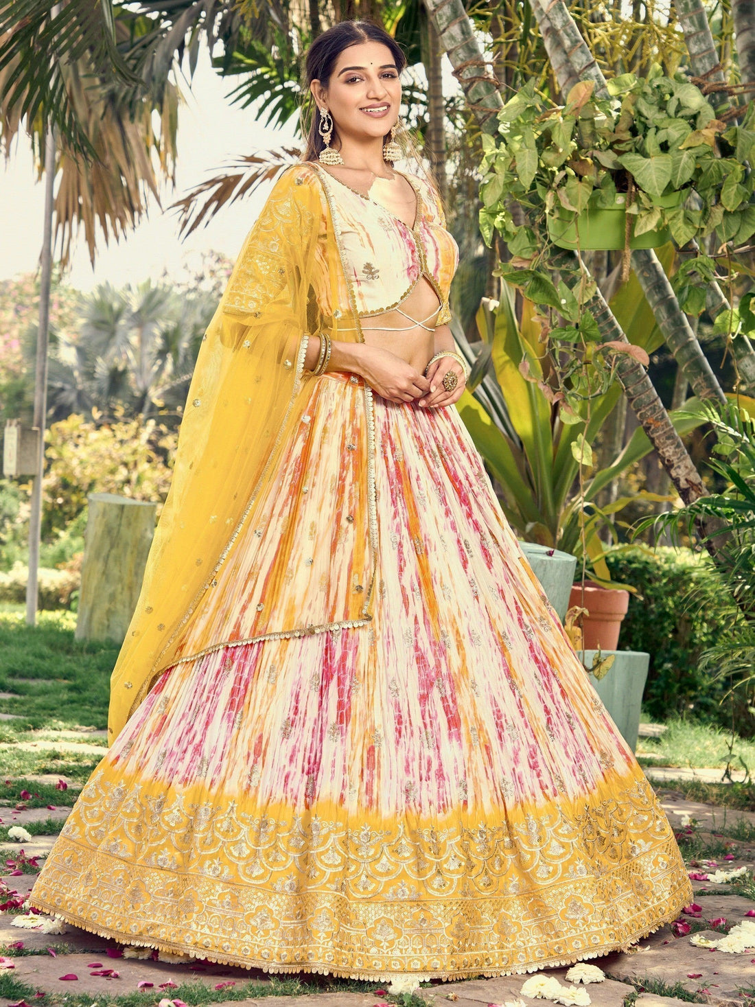 Fetching White & Yellow Digital Printed Chinon Haldi Wear Lehenga Choli