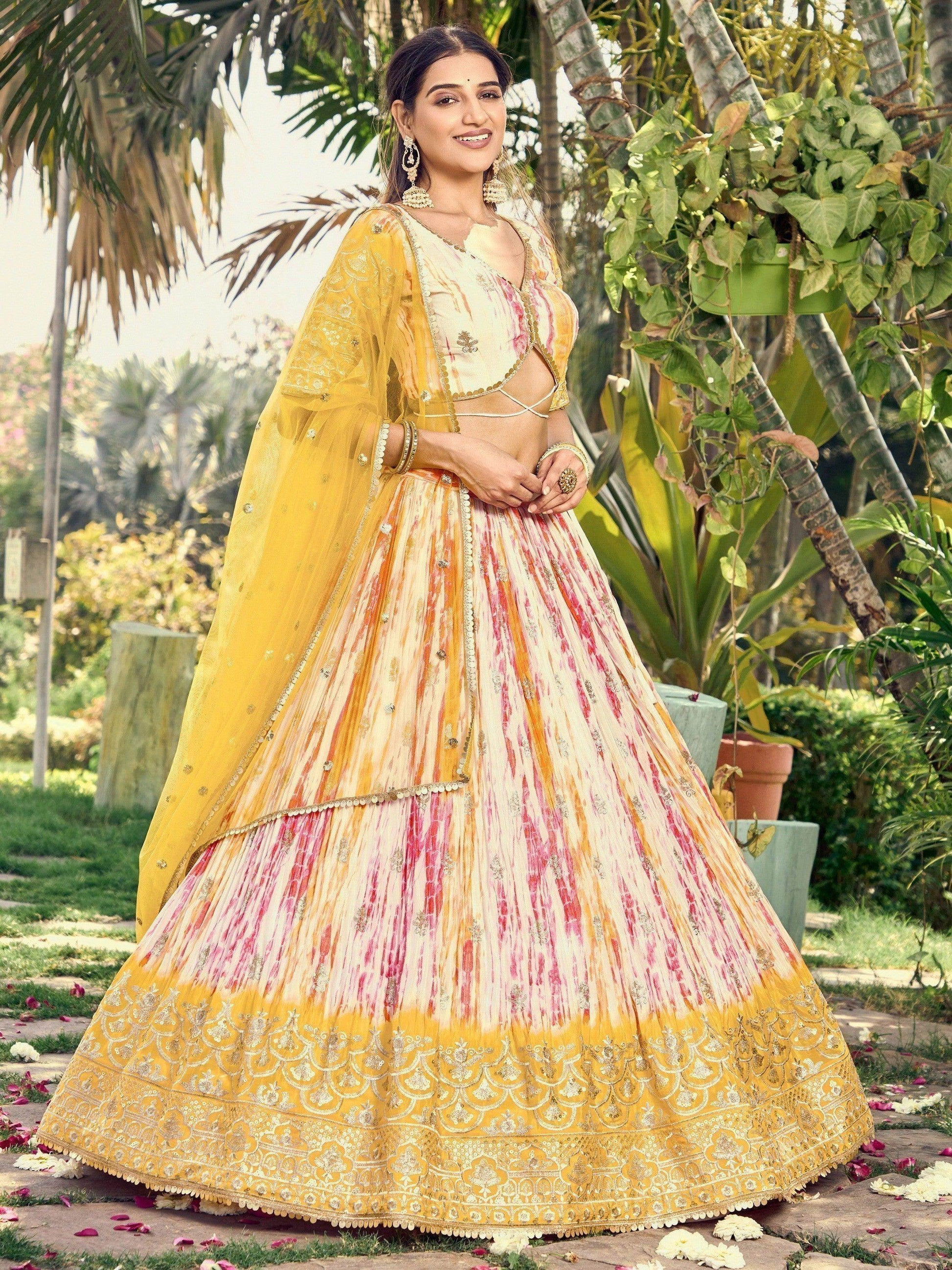 Fetching White & Yellow Digital Printed Chinon Haldi Wear Lehenga Choli - Zeel Clothing