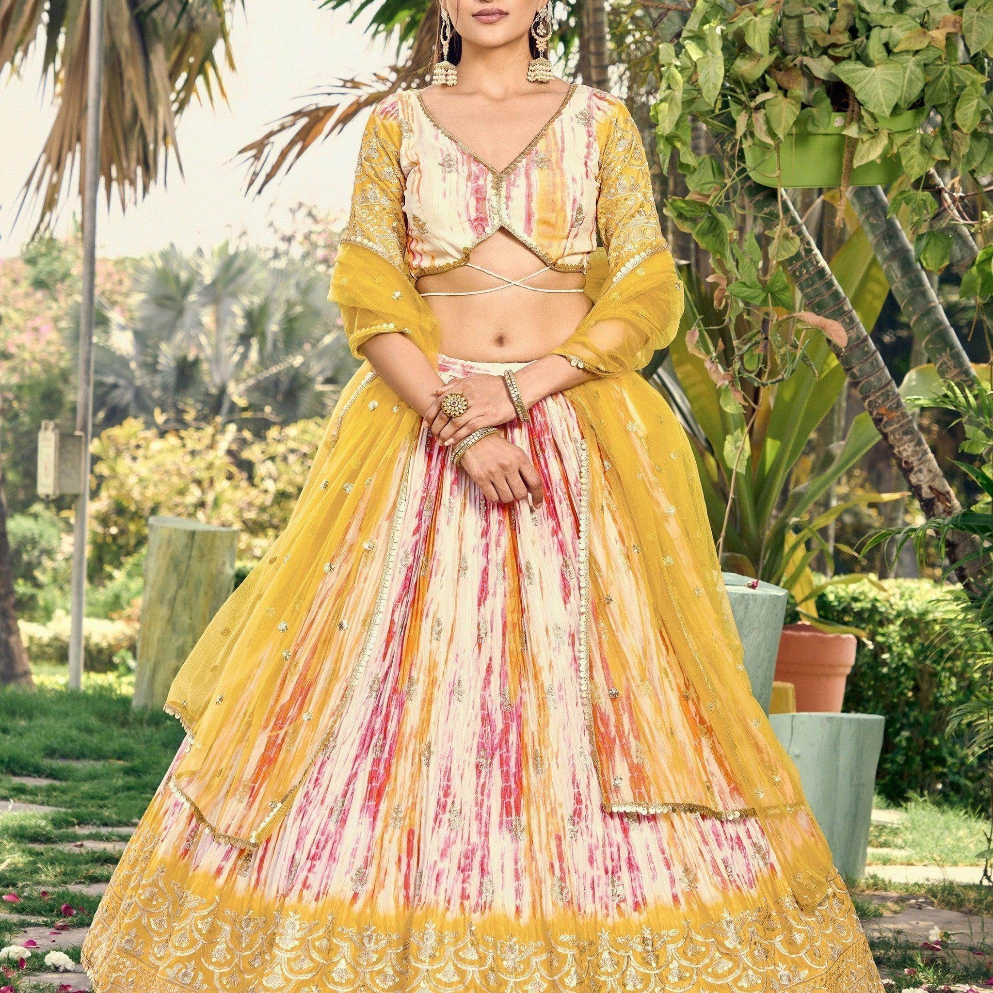 Fetching White & Yellow Digital Printed Chinon Haldi Wear Lehenga Choli - Zeel Clothing