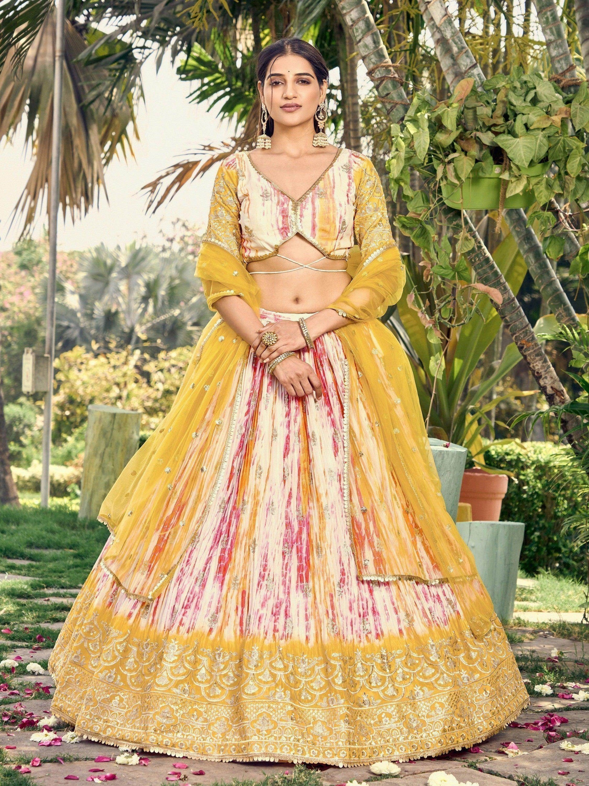 Fetching White & Yellow Digital Printed Chinon Haldi Wear Lehenga Choli - Zeel Clothing