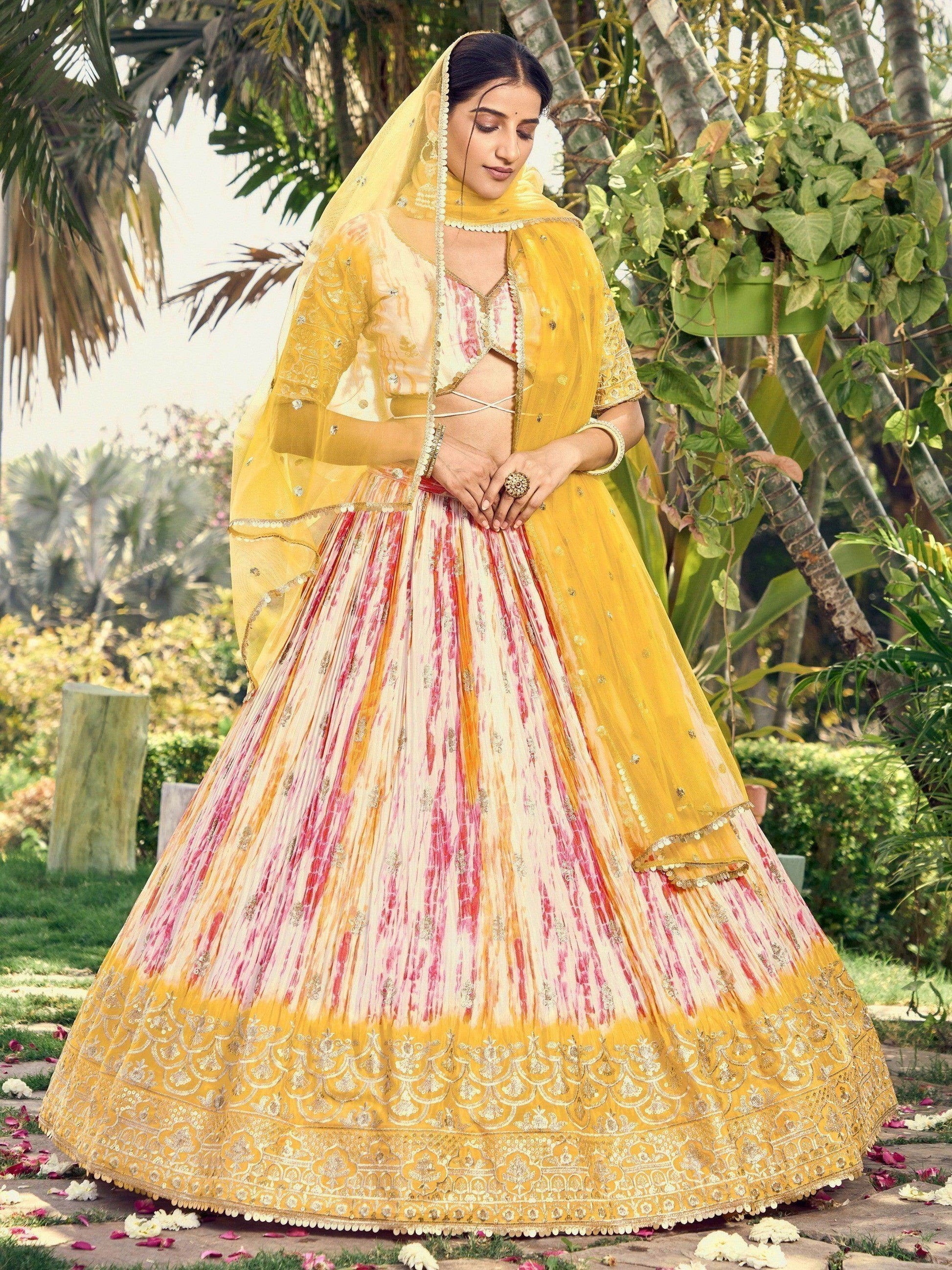 Fetching White & Yellow Digital Printed Chinon Haldi Wear Lehenga Choli - Zeel Clothing