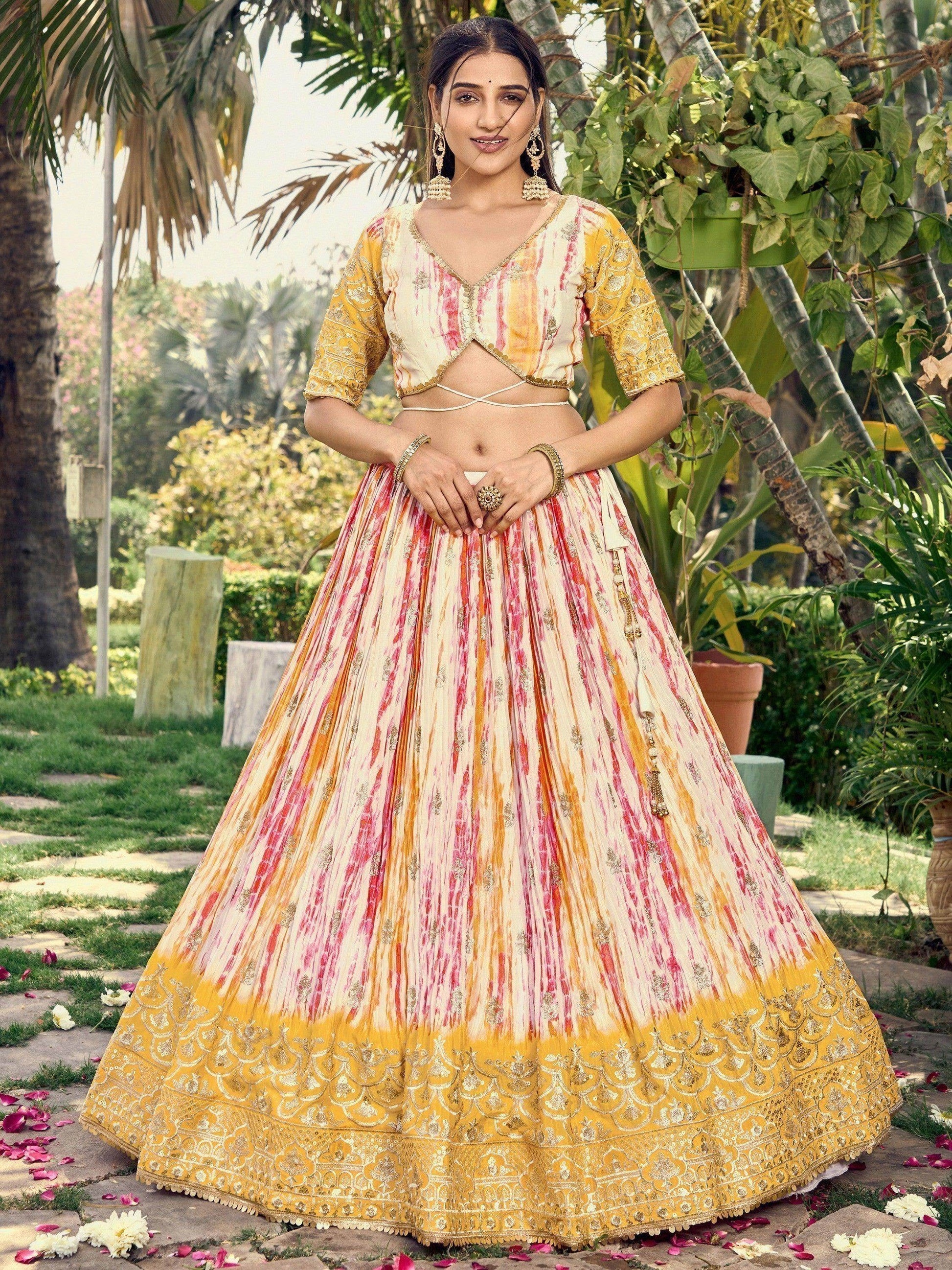 Fetching White & Yellow Digital Printed Chinon Haldi Wear Lehenga Choli - Zeel Clothing