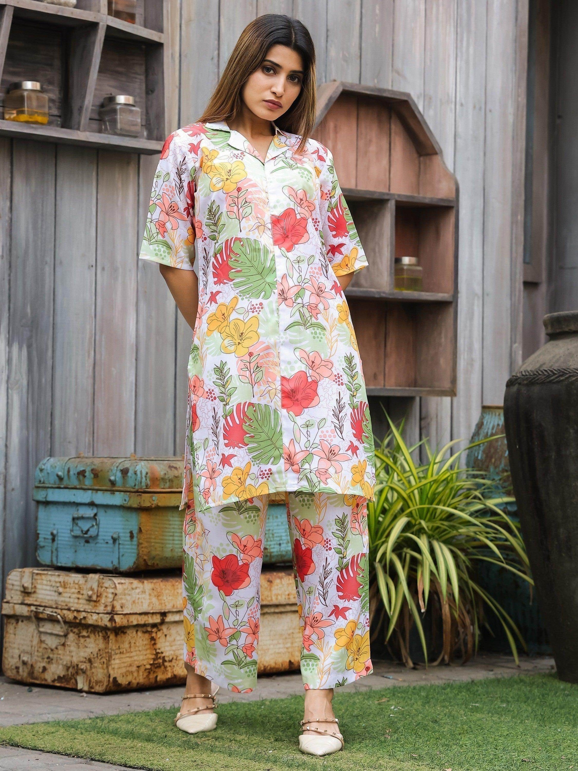 Fetching White Digital Printed Cotton Top Palazzo Co-Ord Set - Zeel Clothing