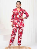 Fictitious Red-Color Floral Printed Rayon Casual Wear Co-Ord Set - Zeel Clothing