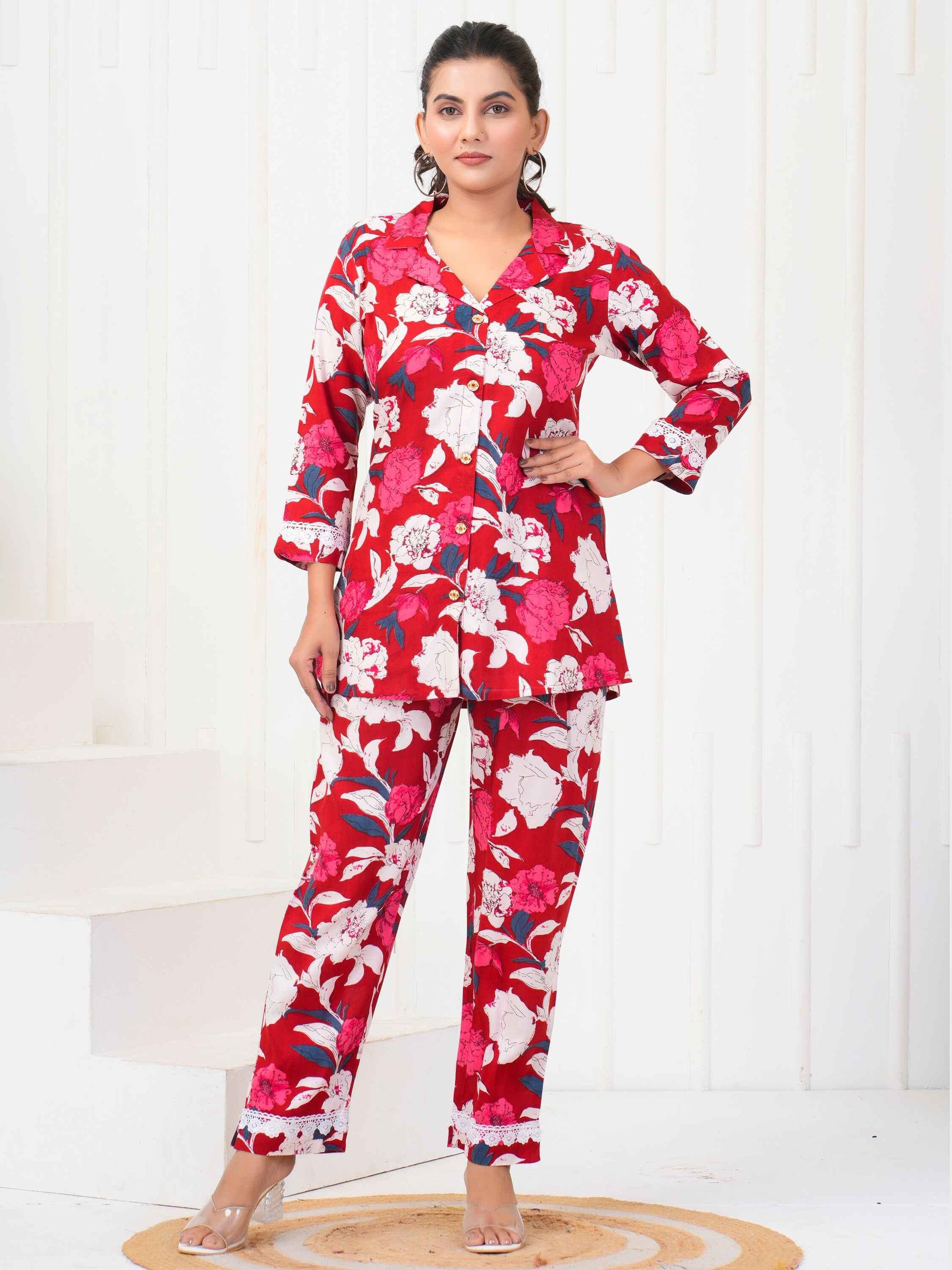 Fictitious Red-Color Floral Printed Rayon Casual Wear Co-Ord Set - Zeel Clothing