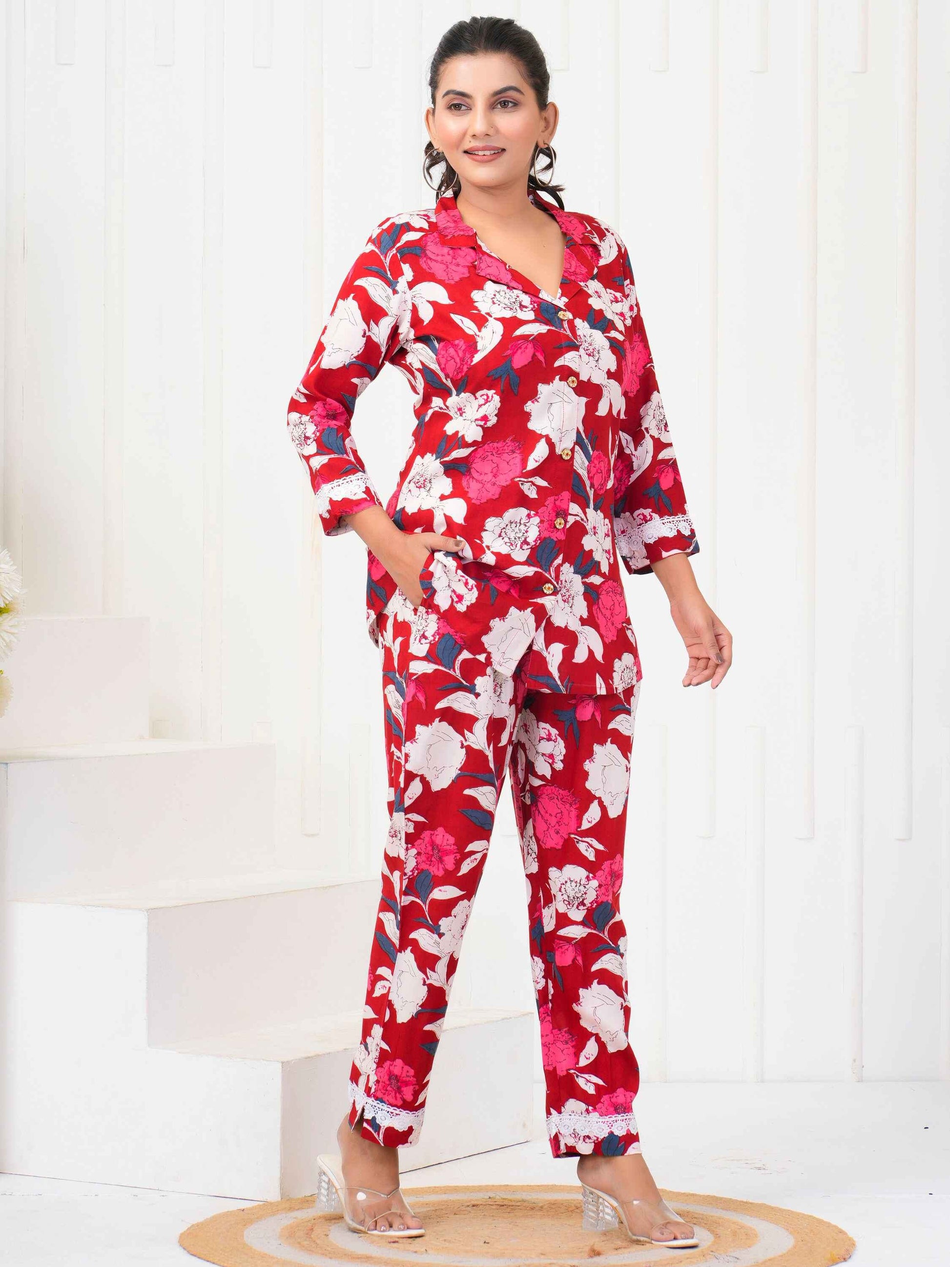 Fictitious Red-Color Floral Printed Rayon Casual Wear Co-Ord Set - Zeel Clothing