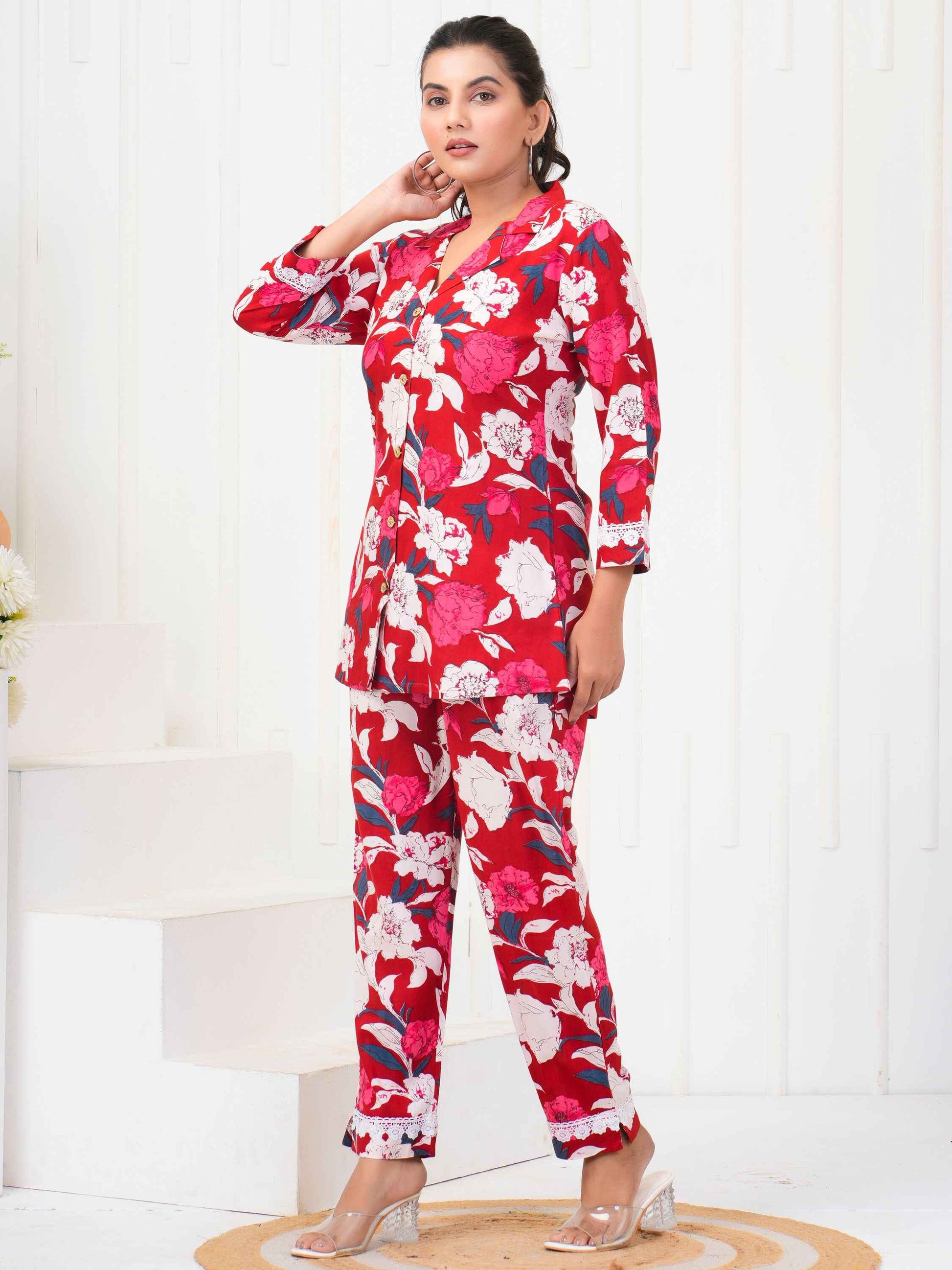 Fictitious Red-Color Floral Printed Rayon Casual Wear Co-Ord Set - Zeel Clothing