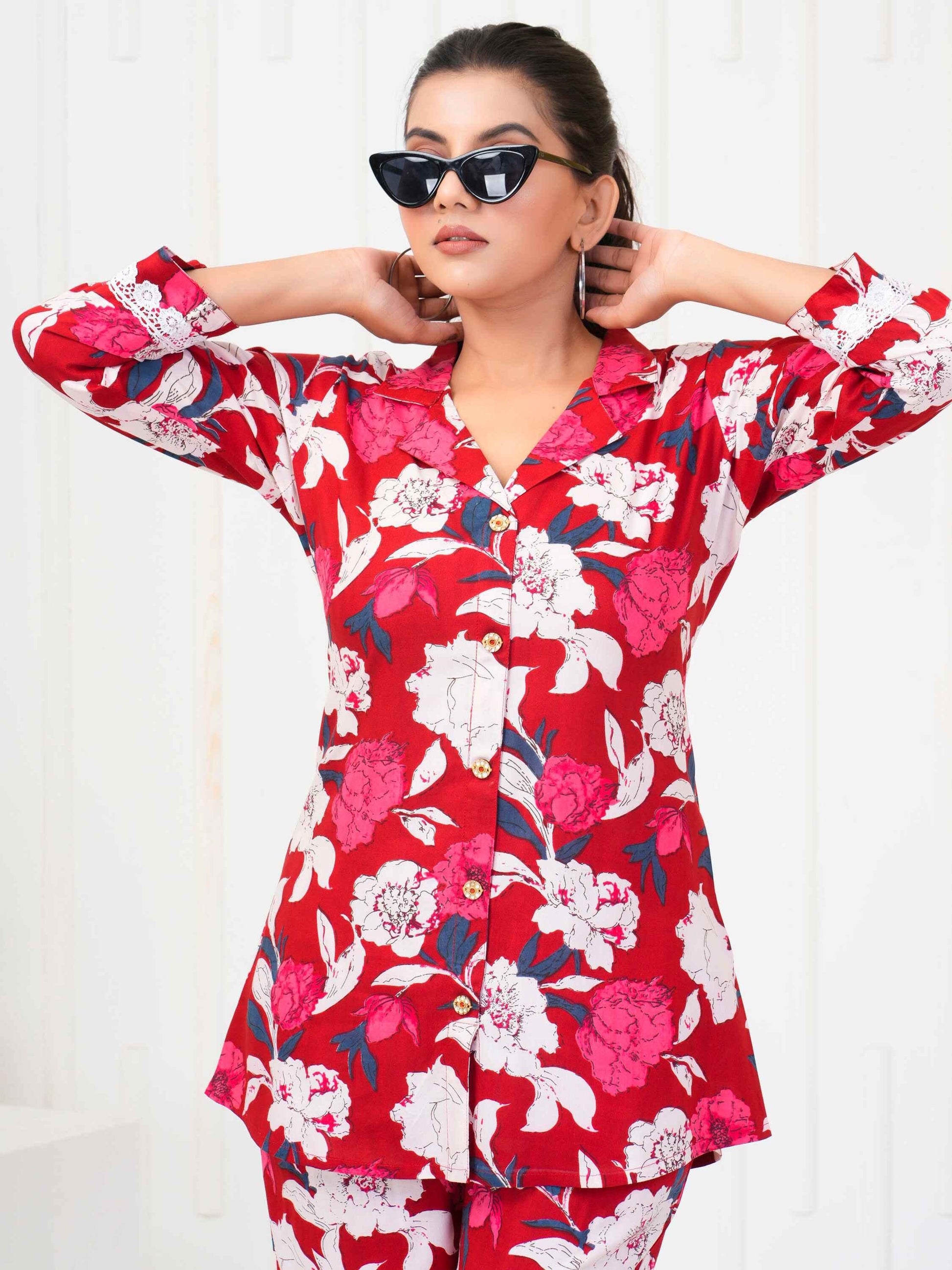 Fictitious Red-Color Floral Printed Rayon Casual Wear Co-Ord Set - Zeel Clothing