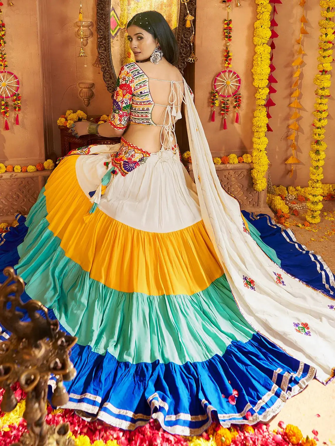 Fiery Multi-Color Thread Embroidery Cotton Navratri Special Ruffle Lehenga Choli - Zeel Clothing