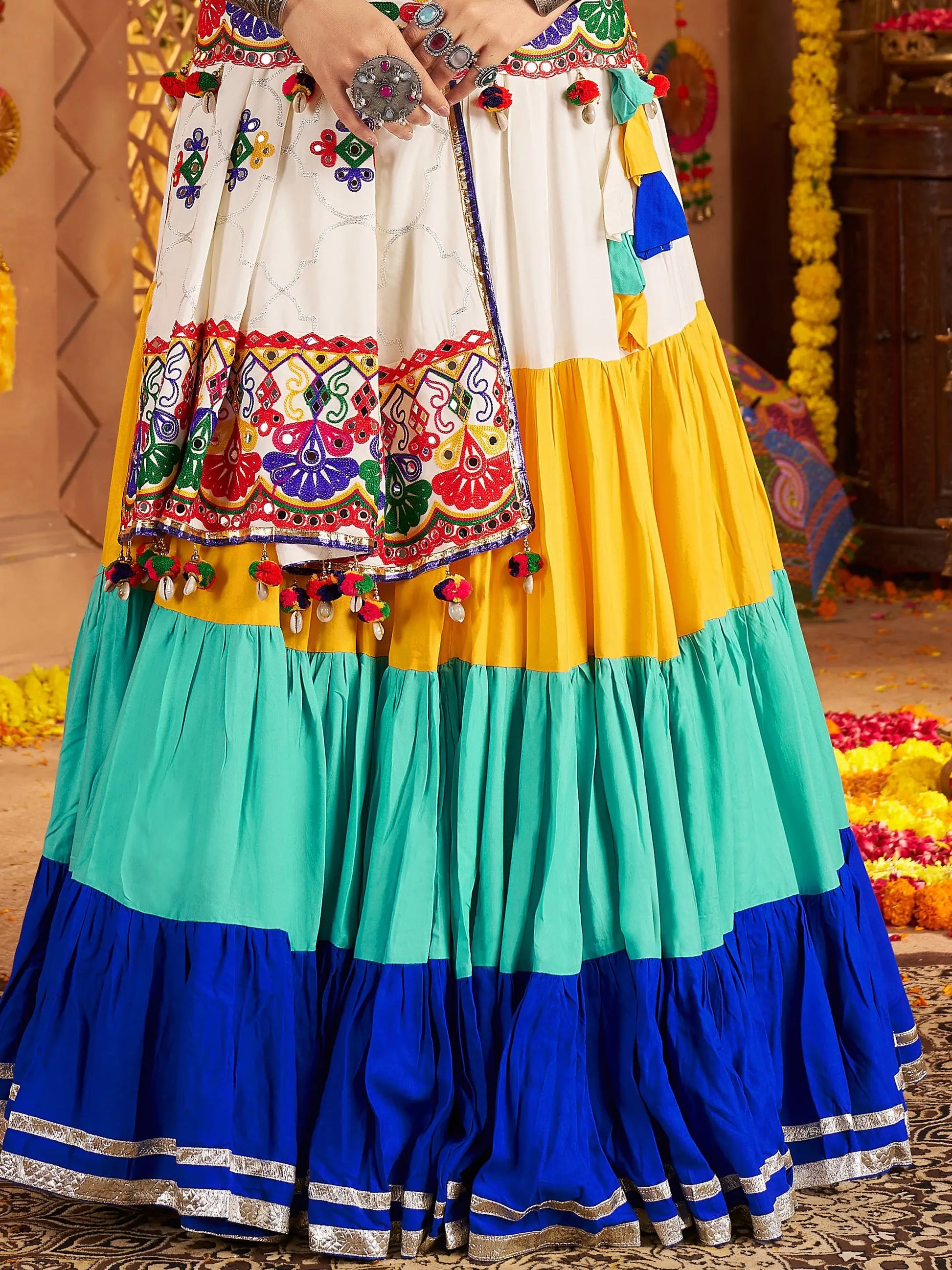 Fiery Multi-Color Thread Embroidery Cotton Navratri Special Ruffle Lehenga Choli - Zeel Clothing