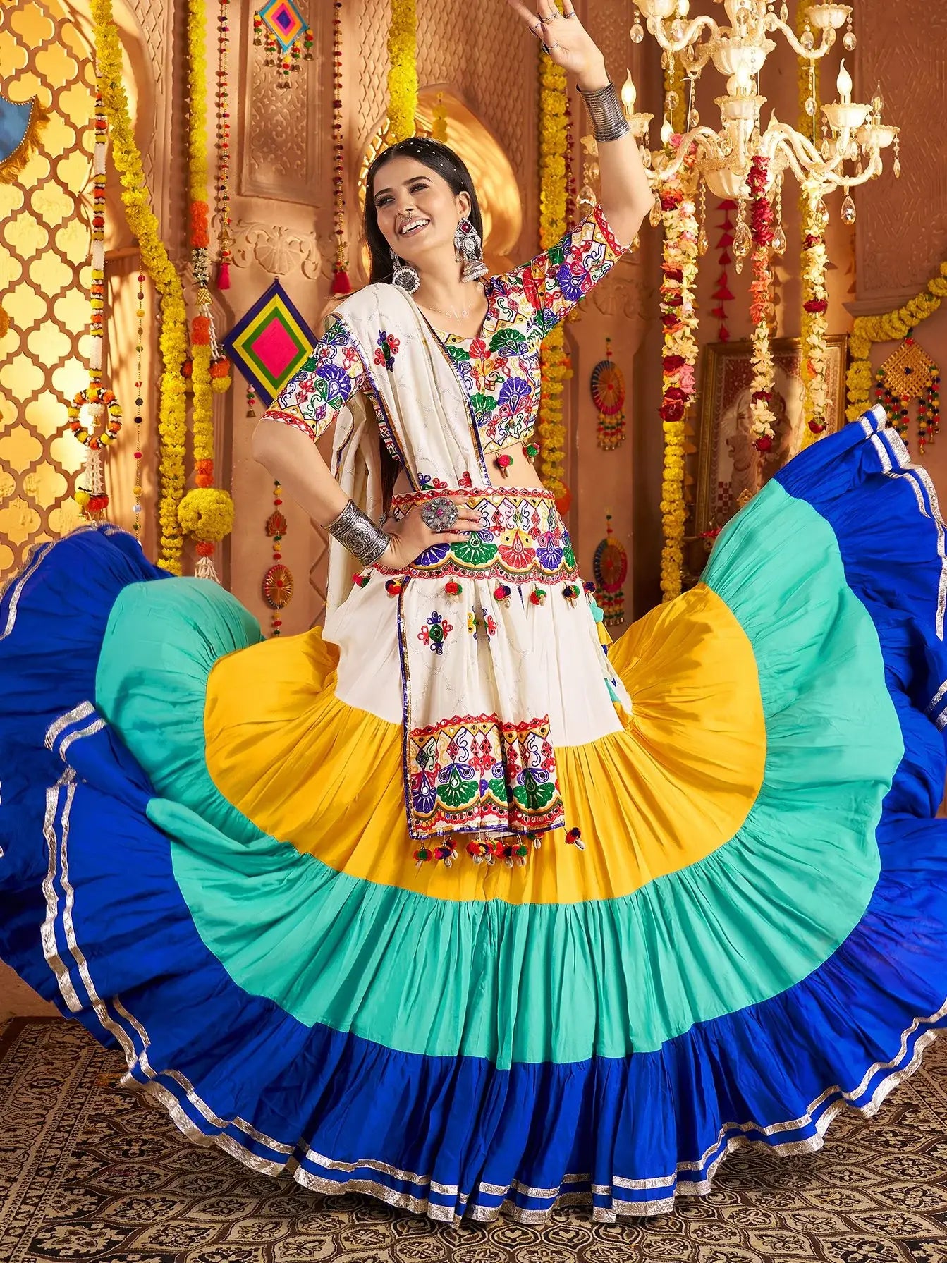 Fiery Multi-Color Thread Embroidery Cotton Navratri Special Ruffle Lehenga Choli - Zeel Clothing