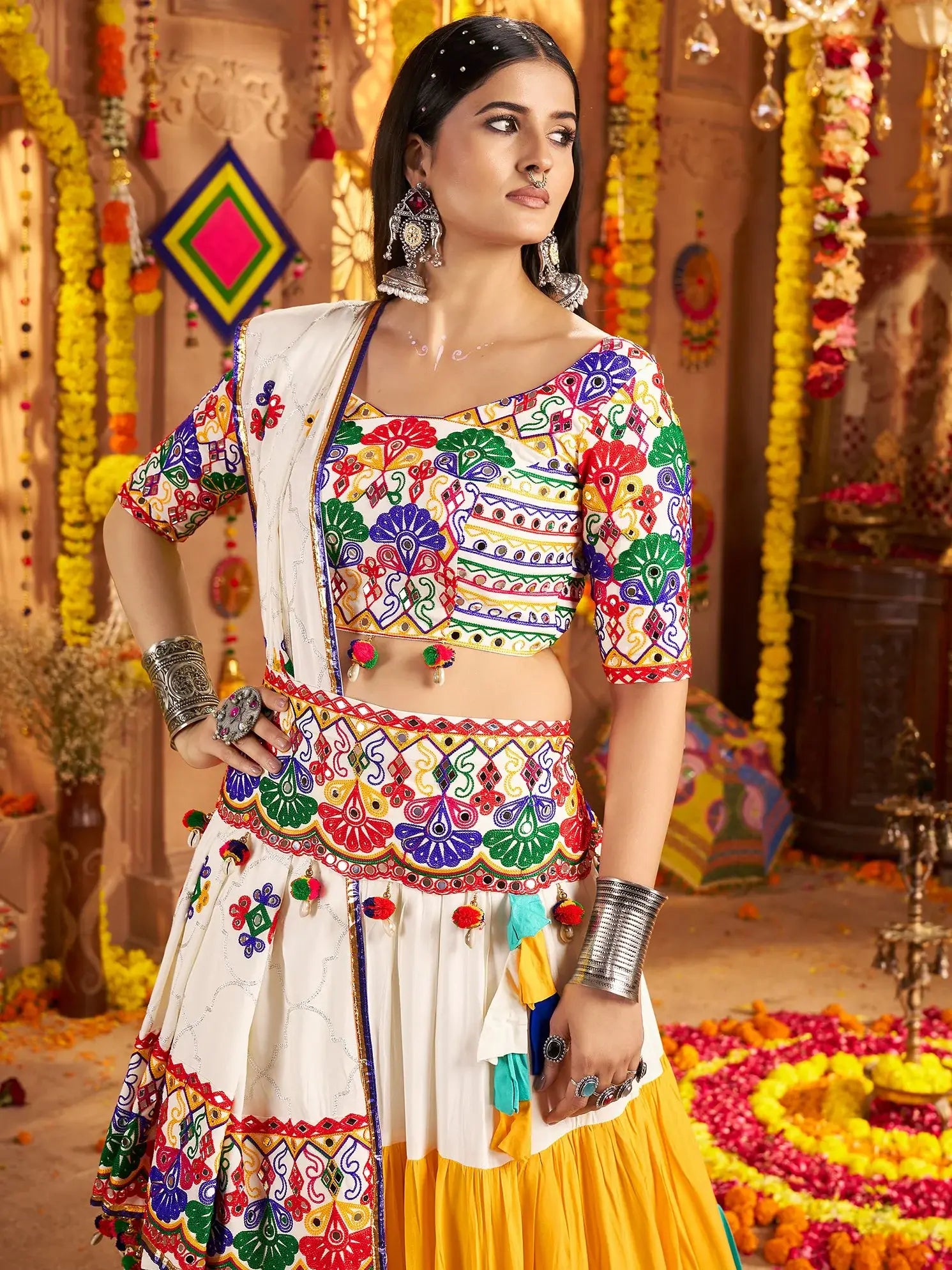 Fiery Multi-Color Thread Embroidery Cotton Navratri Special Ruffle Lehenga Choli - Zeel Clothing