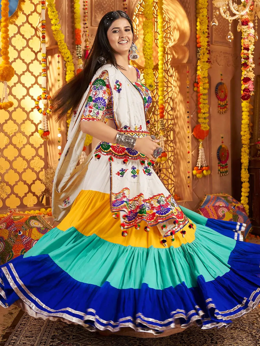 Fiery Multi-Color Thread Embroidery Cotton Navratri Special Ruffle Lehenga Choli - Zeel Clothing