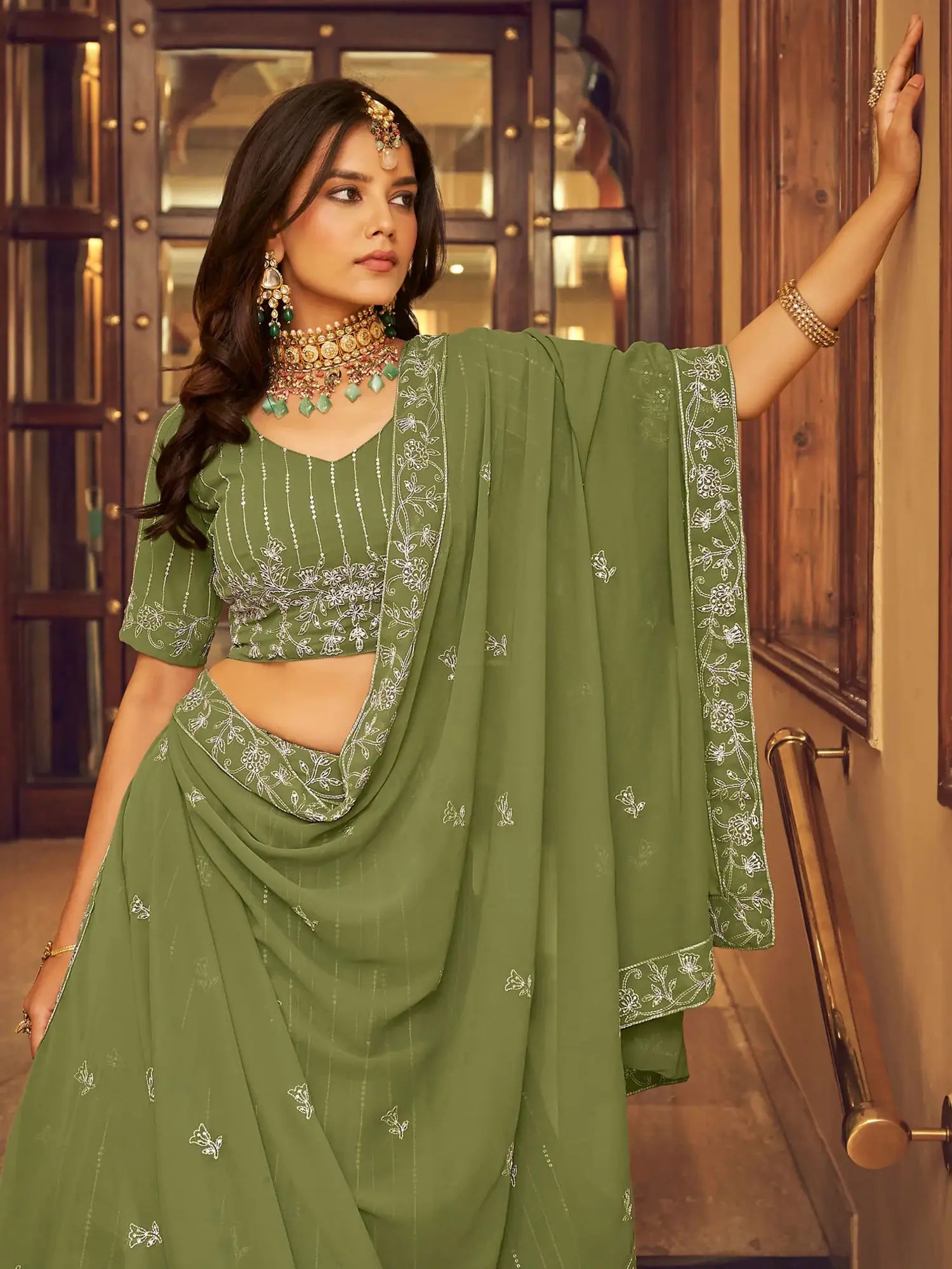 Tantalizing Green Thread Embroidered Georgette Mehendi Wear Lehenga With Blouse