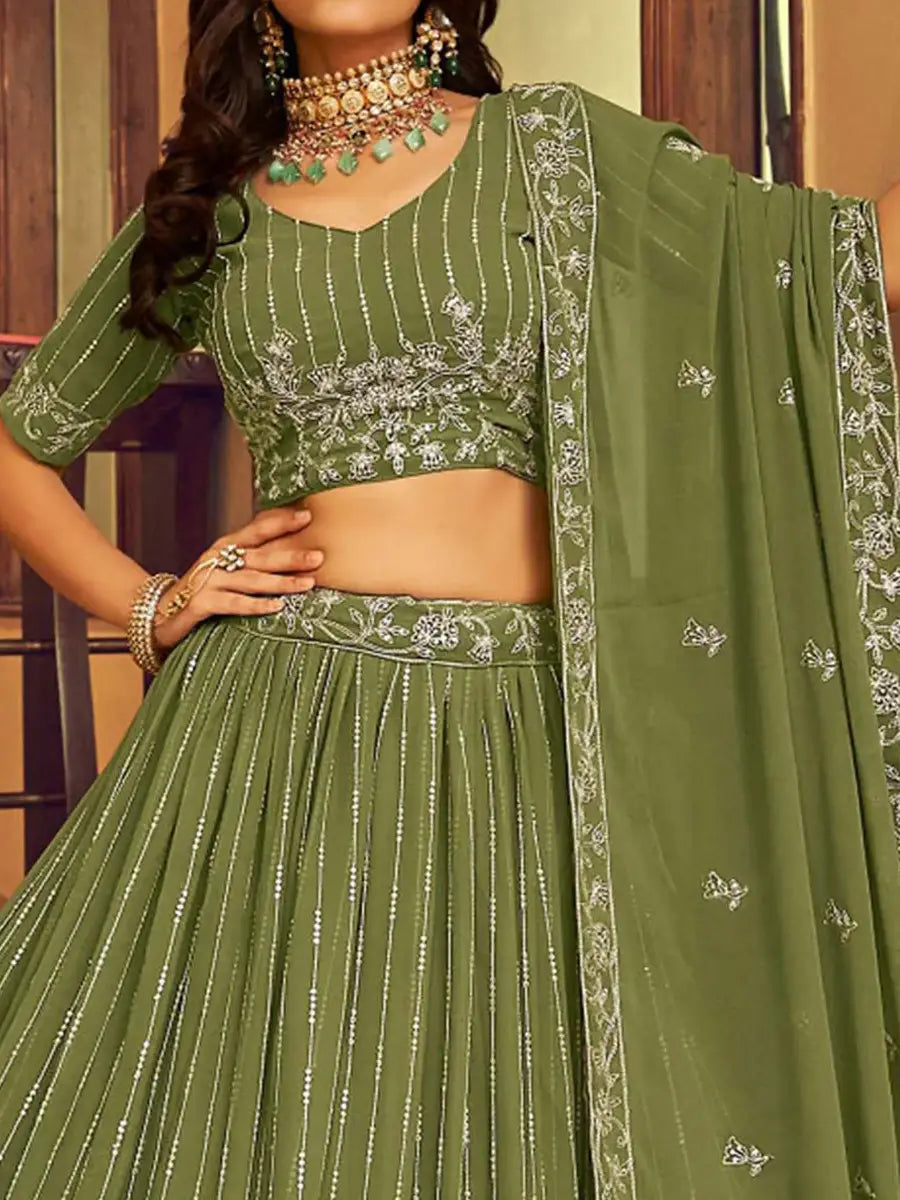 Tantalizing Green Thread Embroidered Georgette Mehendi Wear Lehenga With Blouse