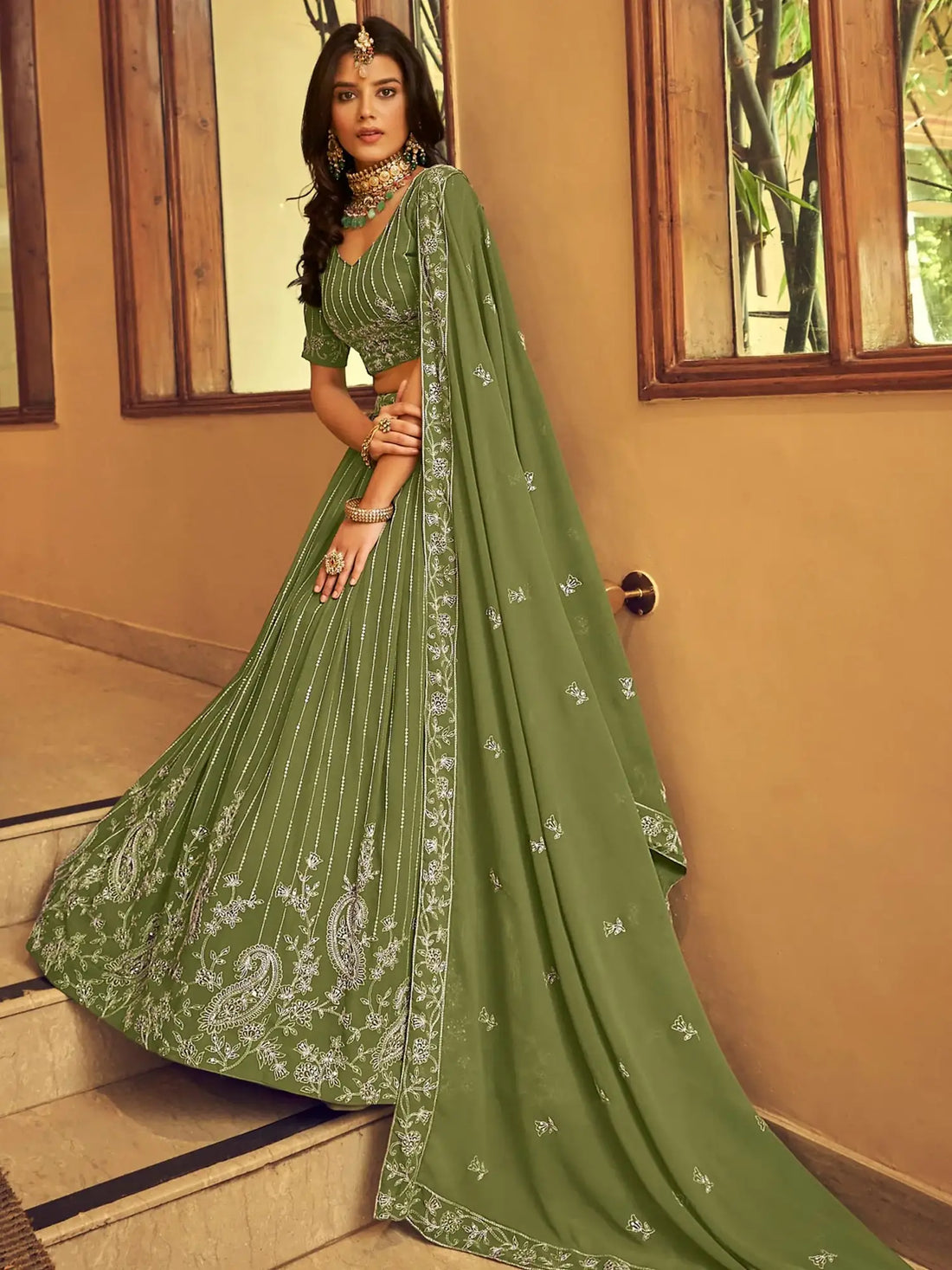 Tantalizing Green Thread Embroidered Georgette Mehendi Wear Lehenga With Blouse