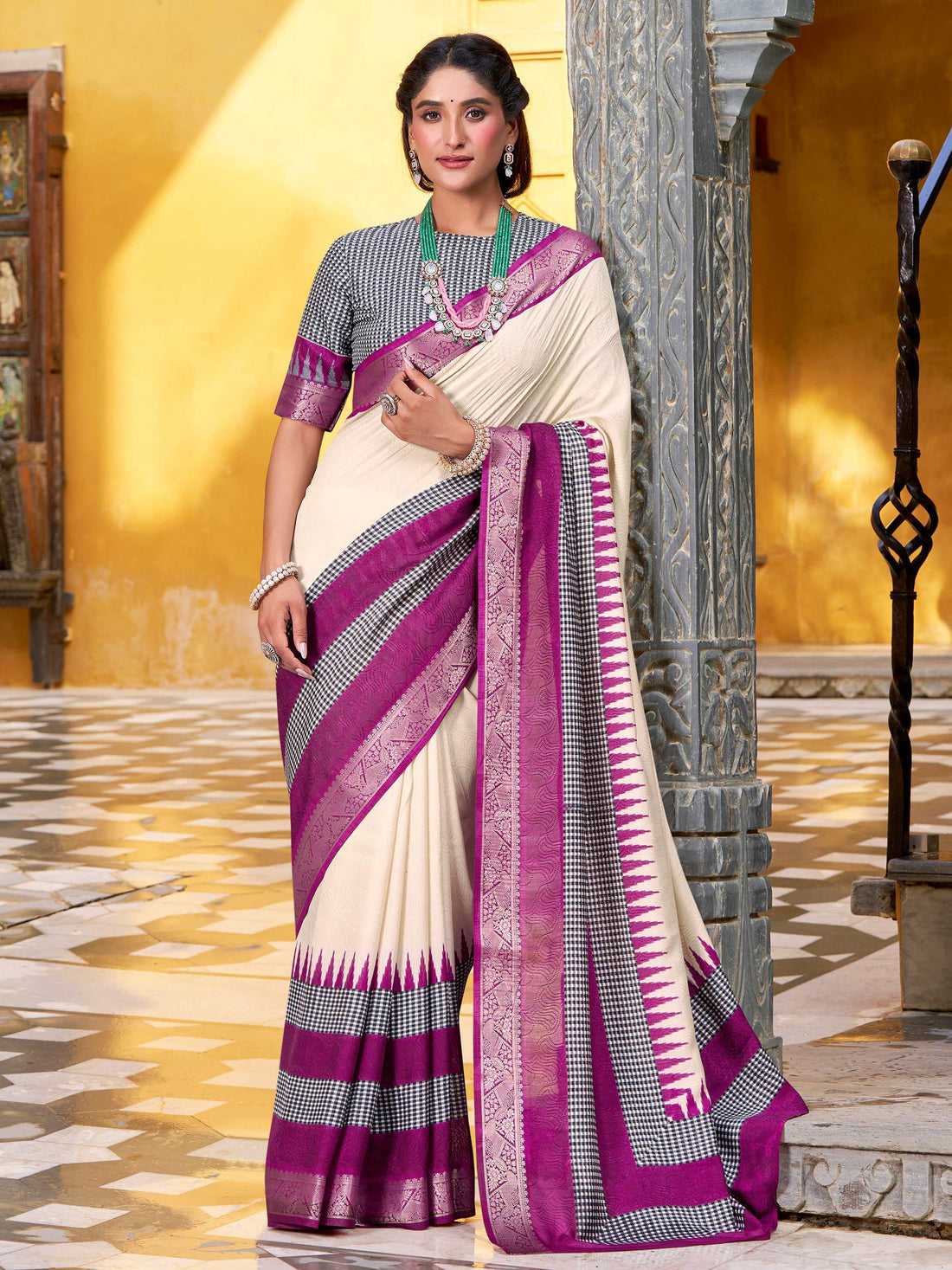 Fine Off-White Zari Weaving Cotton Festive Wear Saree With Blouse