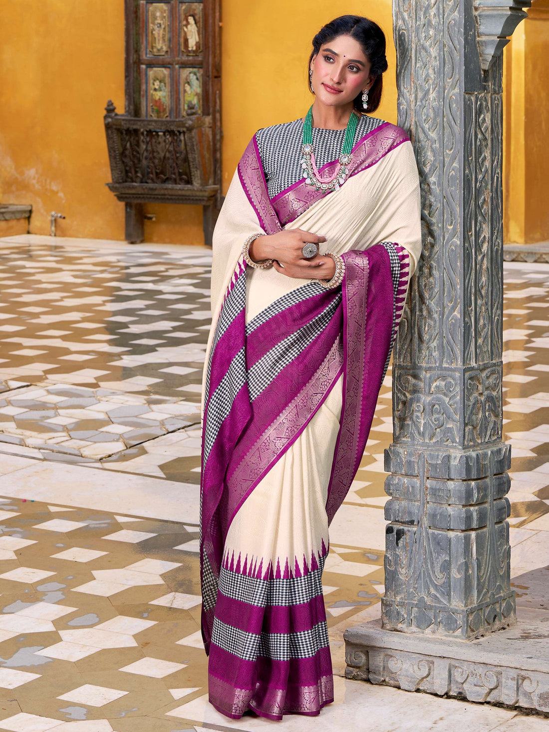 Fine Off-White Zari Weaving Cotton Festive Wear Saree With Blouse