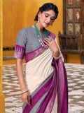 Fine Off-White Zari Weaving Cotton Festive Wear Saree With Blouse