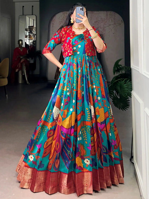 Lovely Teal Blue Kalamkari Print Tussar Silk Festive Wear Gown With Jacket