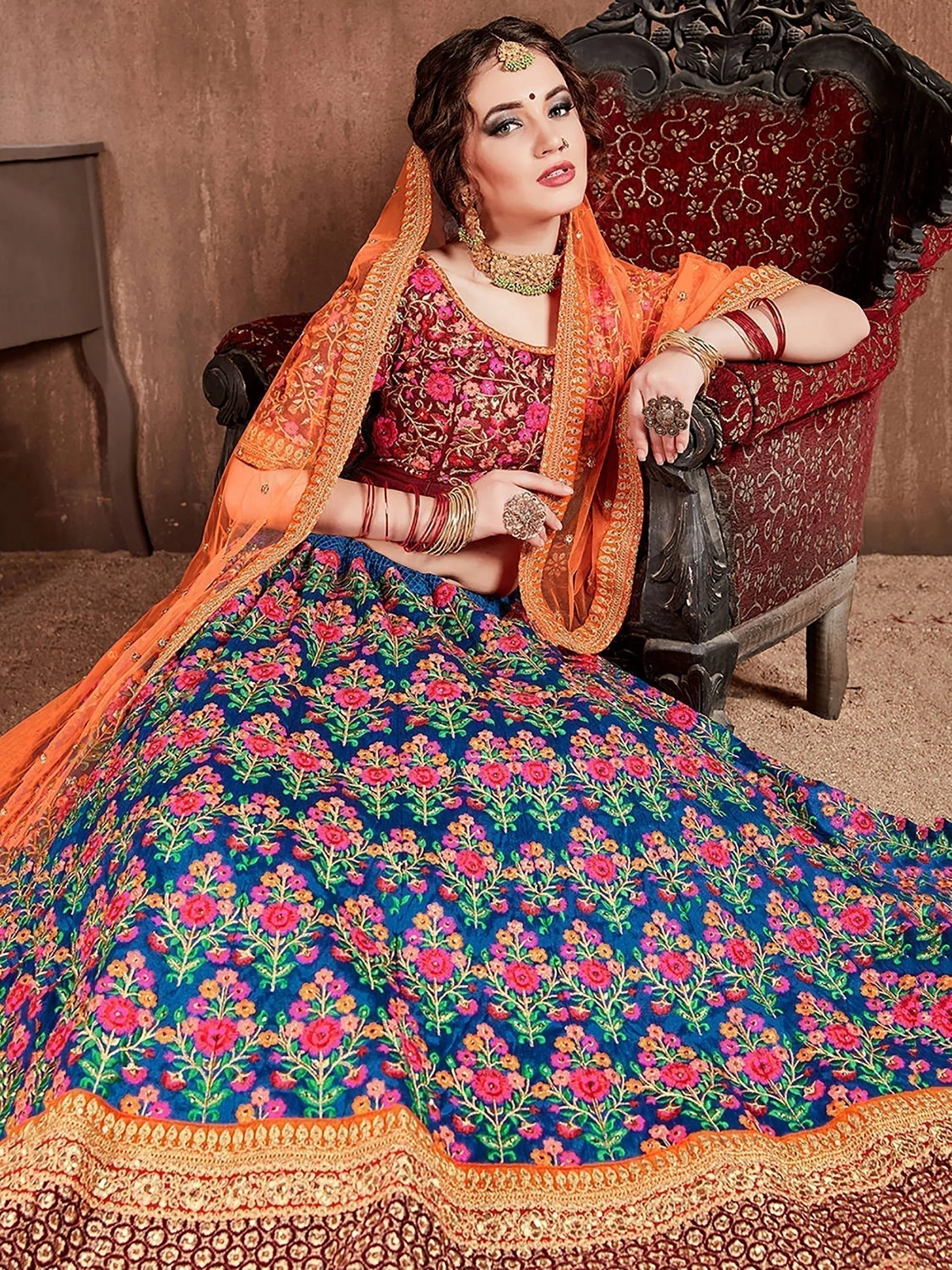 Flamboyant Blue-Red Colored Bridal wear Embroidered Lehenga Choli - Zeel Clothing