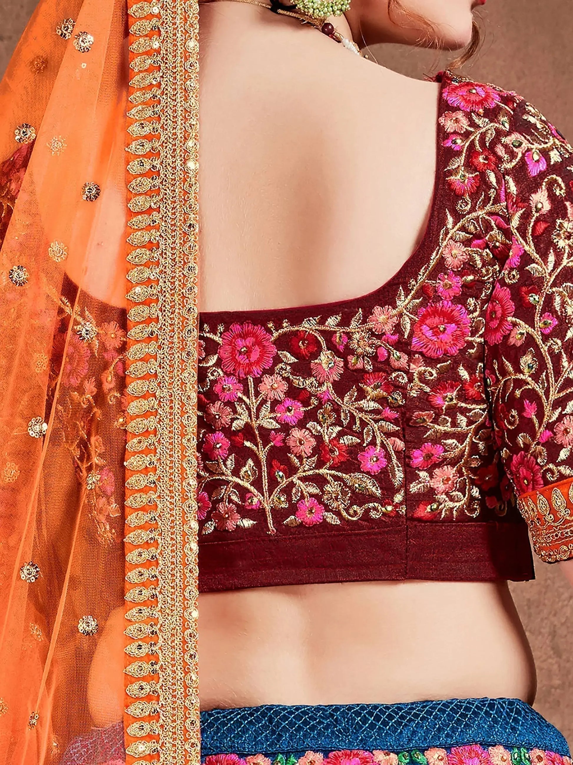 Flamboyant Blue-Red Colored Bridal wear Embroidered Lehenga Choli - Zeel Clothing