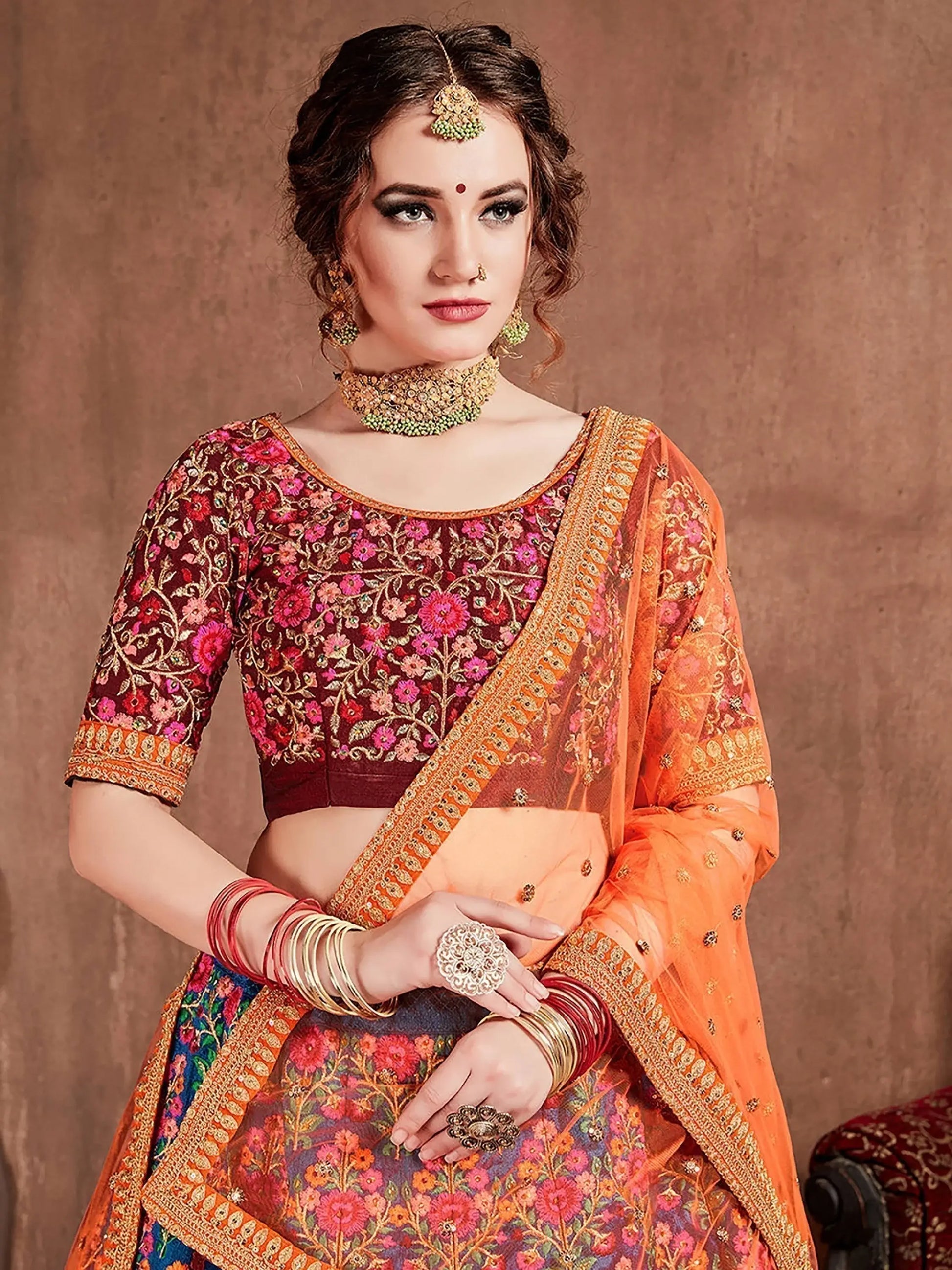 Flamboyant Blue-Red Colored Bridal wear Embroidered Lehenga Choli - Zeel Clothing