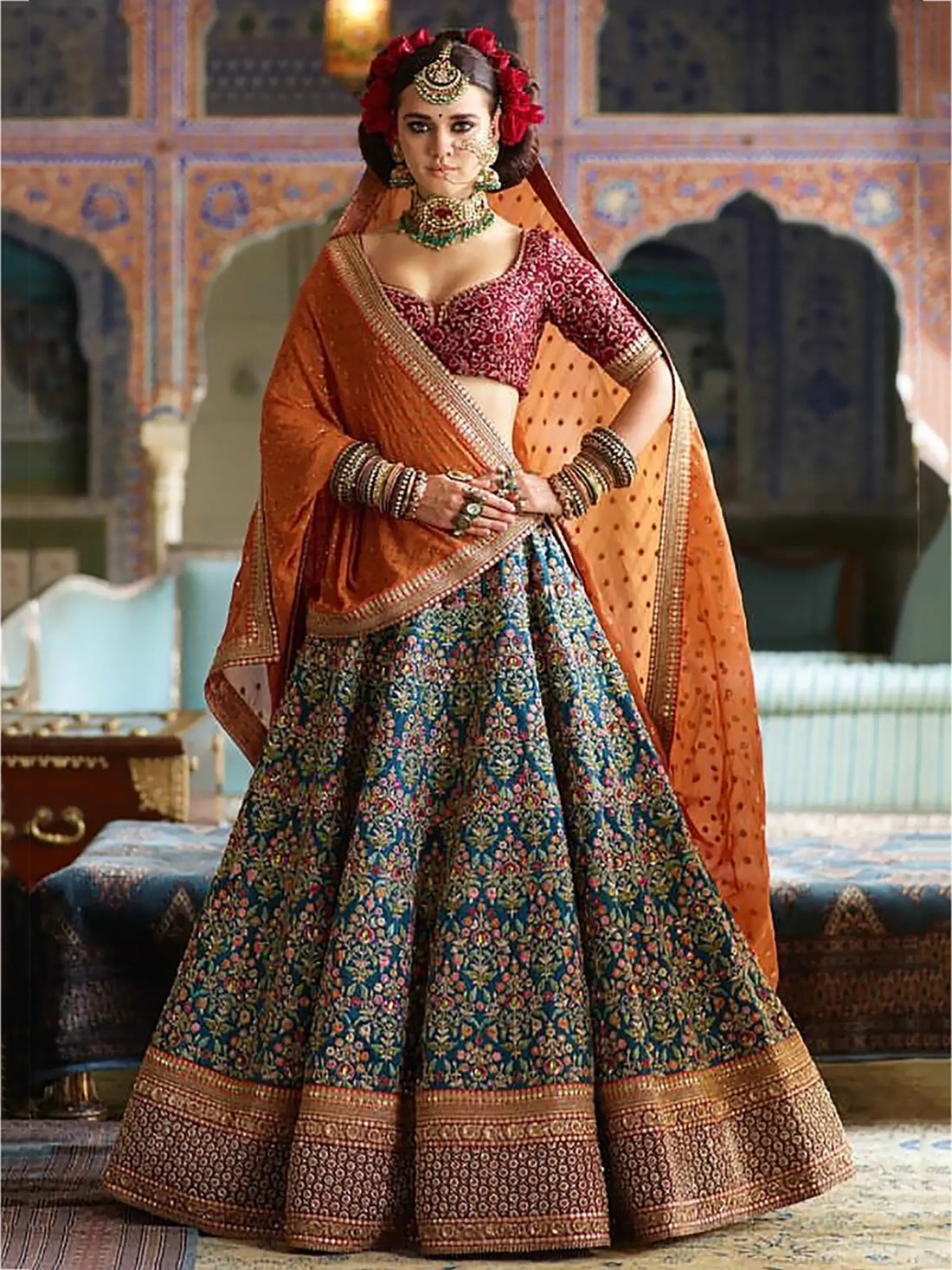 Flamboyant Blue-Red Colored Bridal wear Embroidered Lehenga Choli - Zeel Clothing